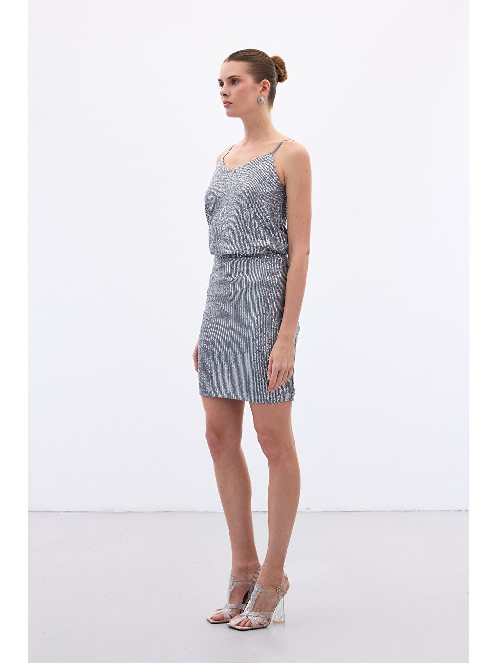 Payetli Mini Etek - Gri-2