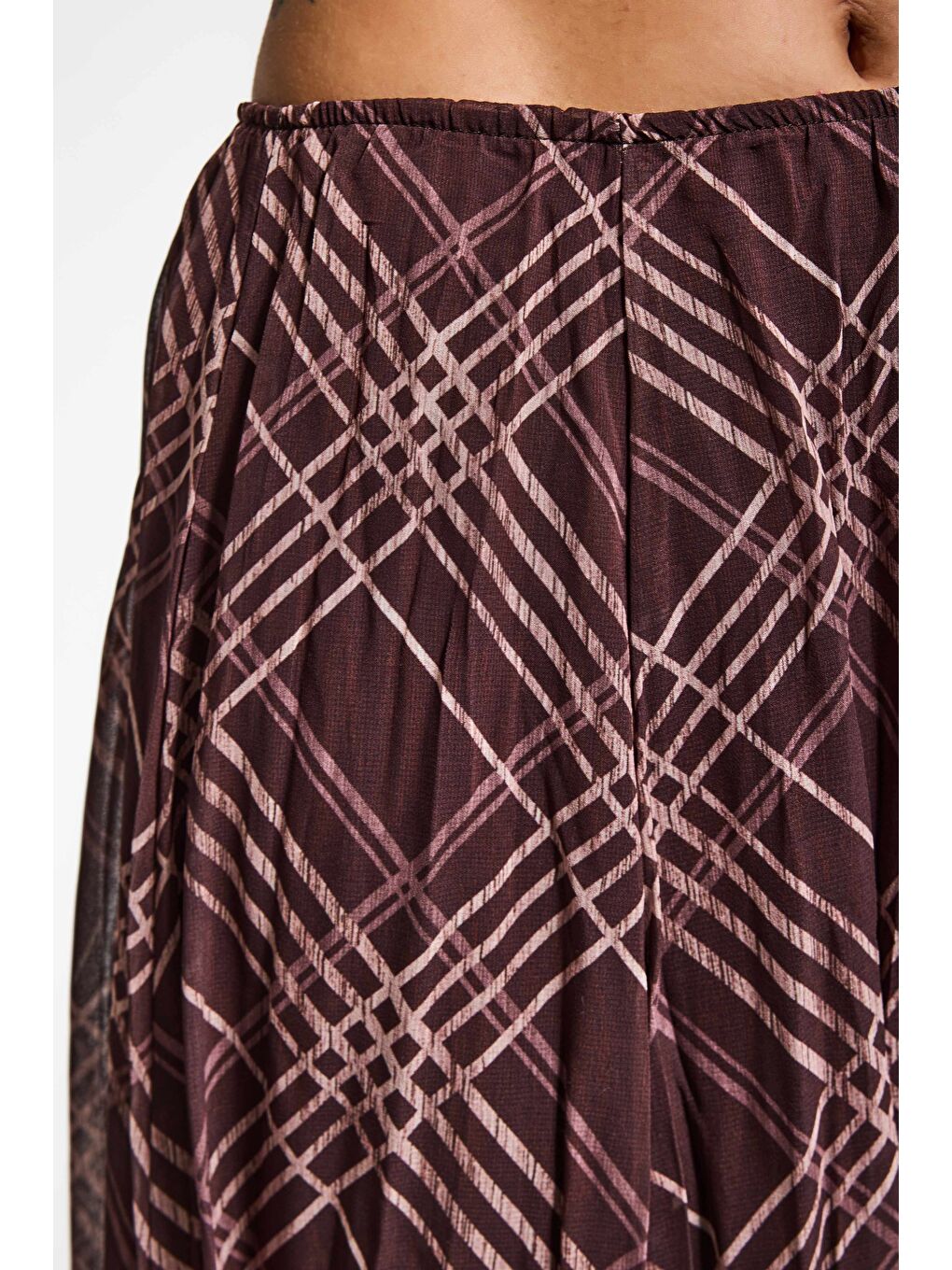 Kahverengi Kadın Kahve Ekose s6-6 Maxi Boy Saten Kumaş Etek-3