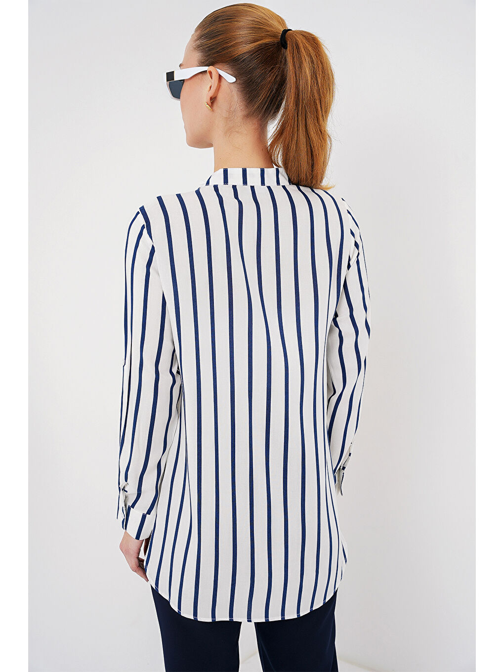Kadın Uzun Kollu Çizgili Gömlek 20283 - B.Lacivert-5