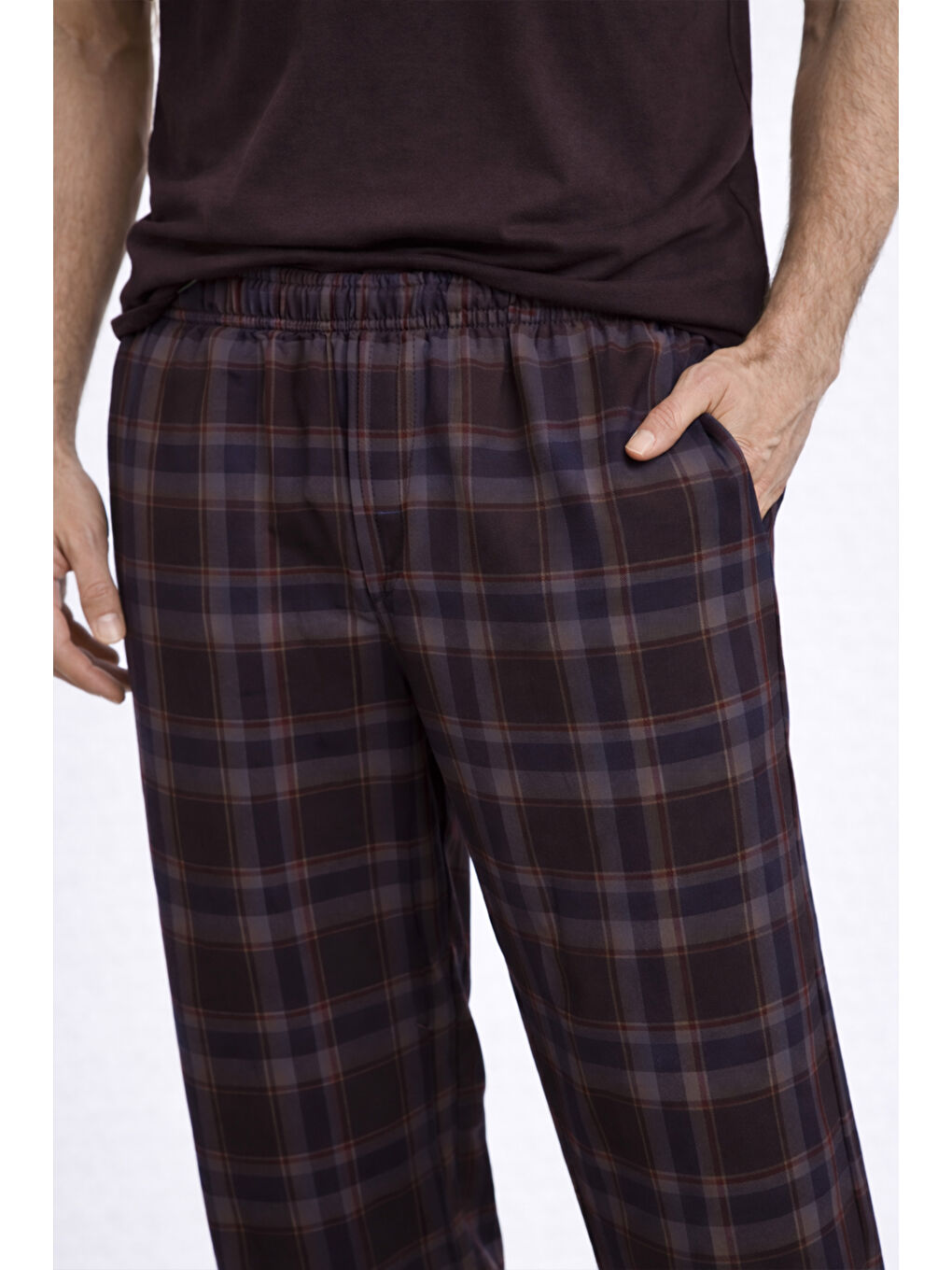 Kahverengi Erkek Pamuklu Üst Füme Göğüs Cepli Kısa Kollu Pijama Takımı-4