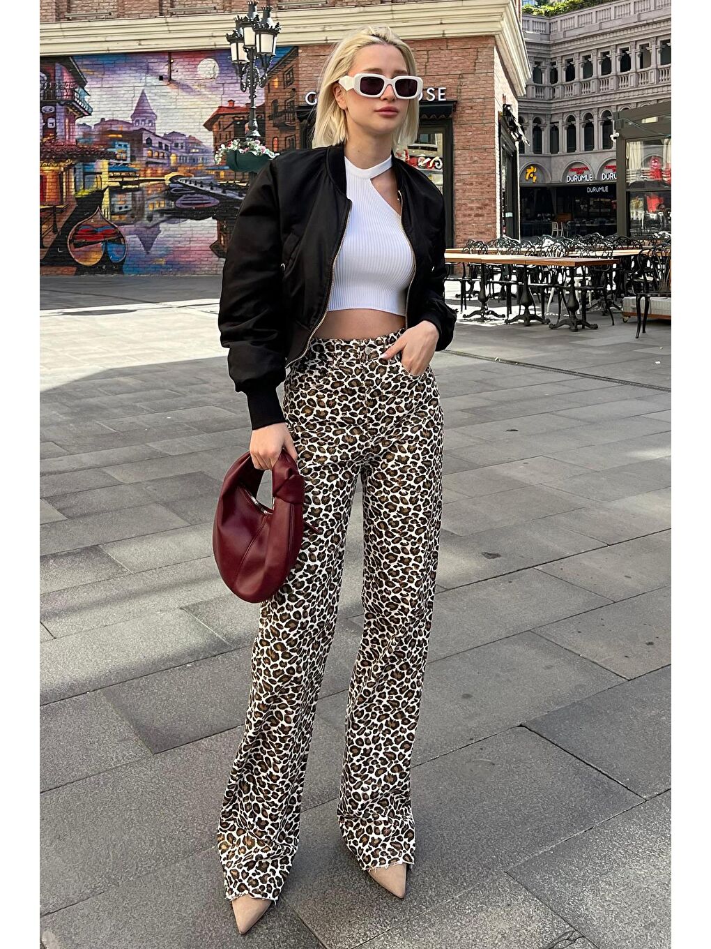 Kahverengi Leopar Palazzo Kadın Jean Pantolon Mg2063-2