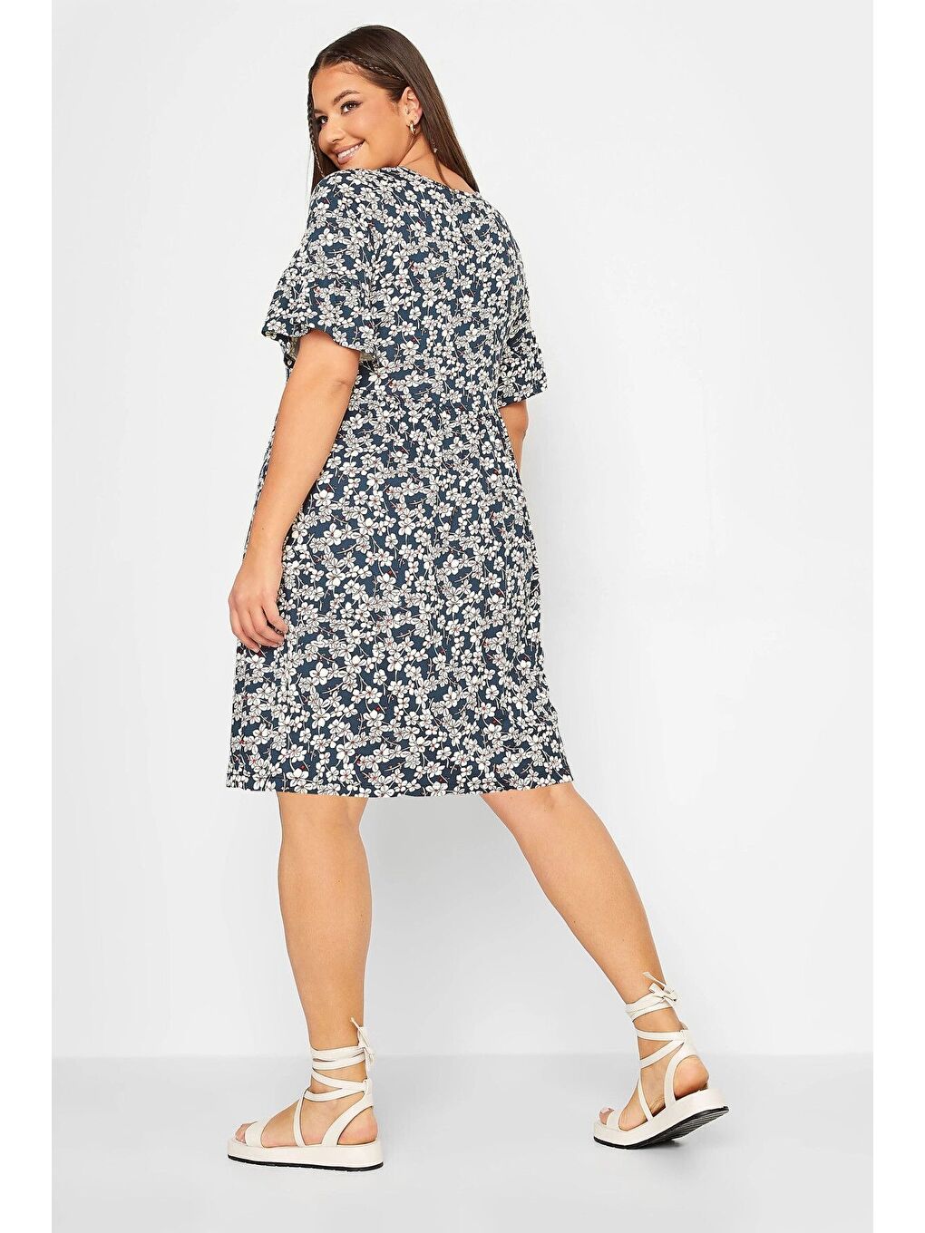 Lacivert Büyük Beden Desenli Fırfırlı Yarım Kol Elastanlı Kısa Elbise 302358-3