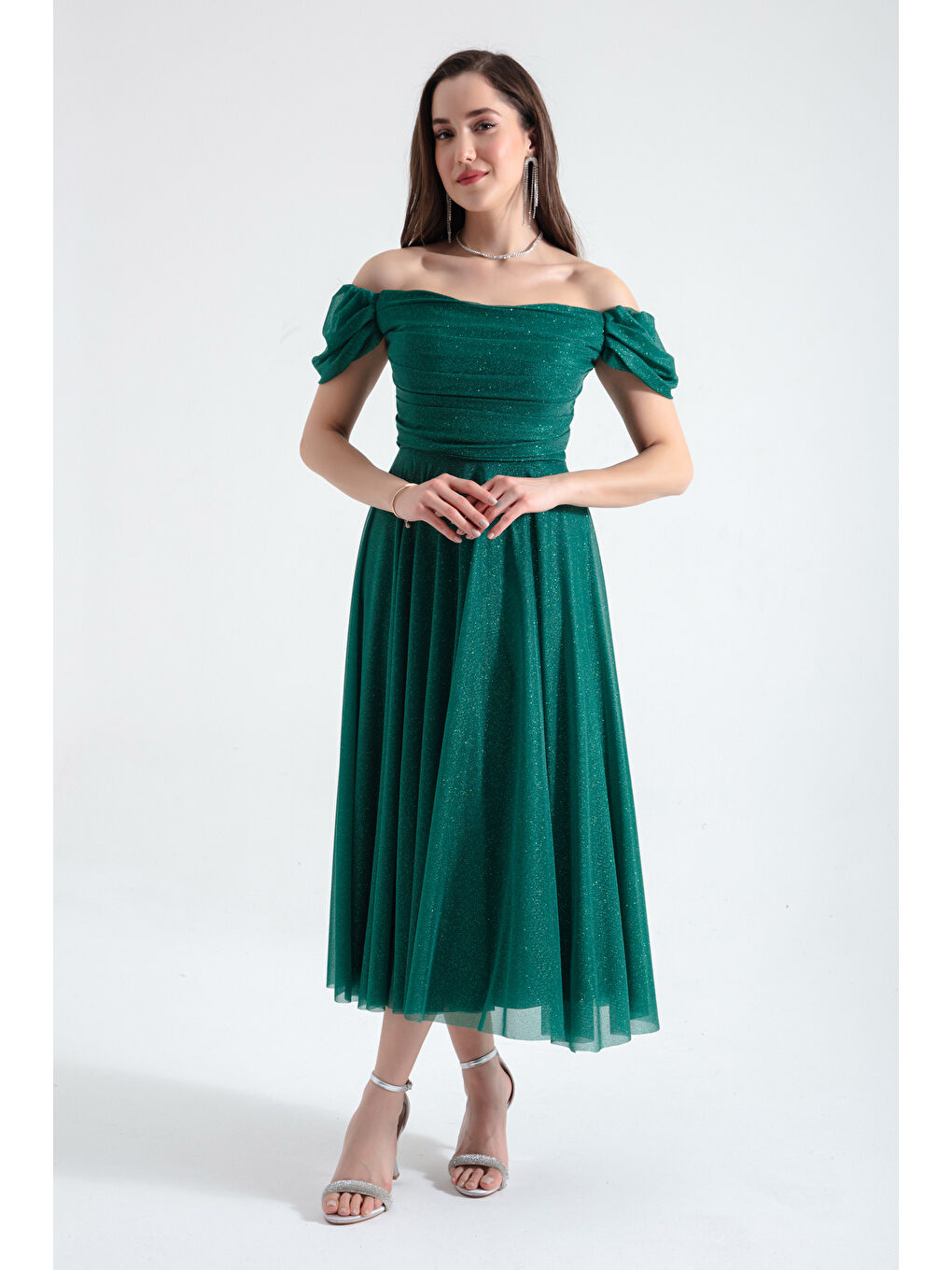 Kadın Zümrüt Yeşili Kayık Yaka Drapeli Midi Kloş Abiye Elbise-1