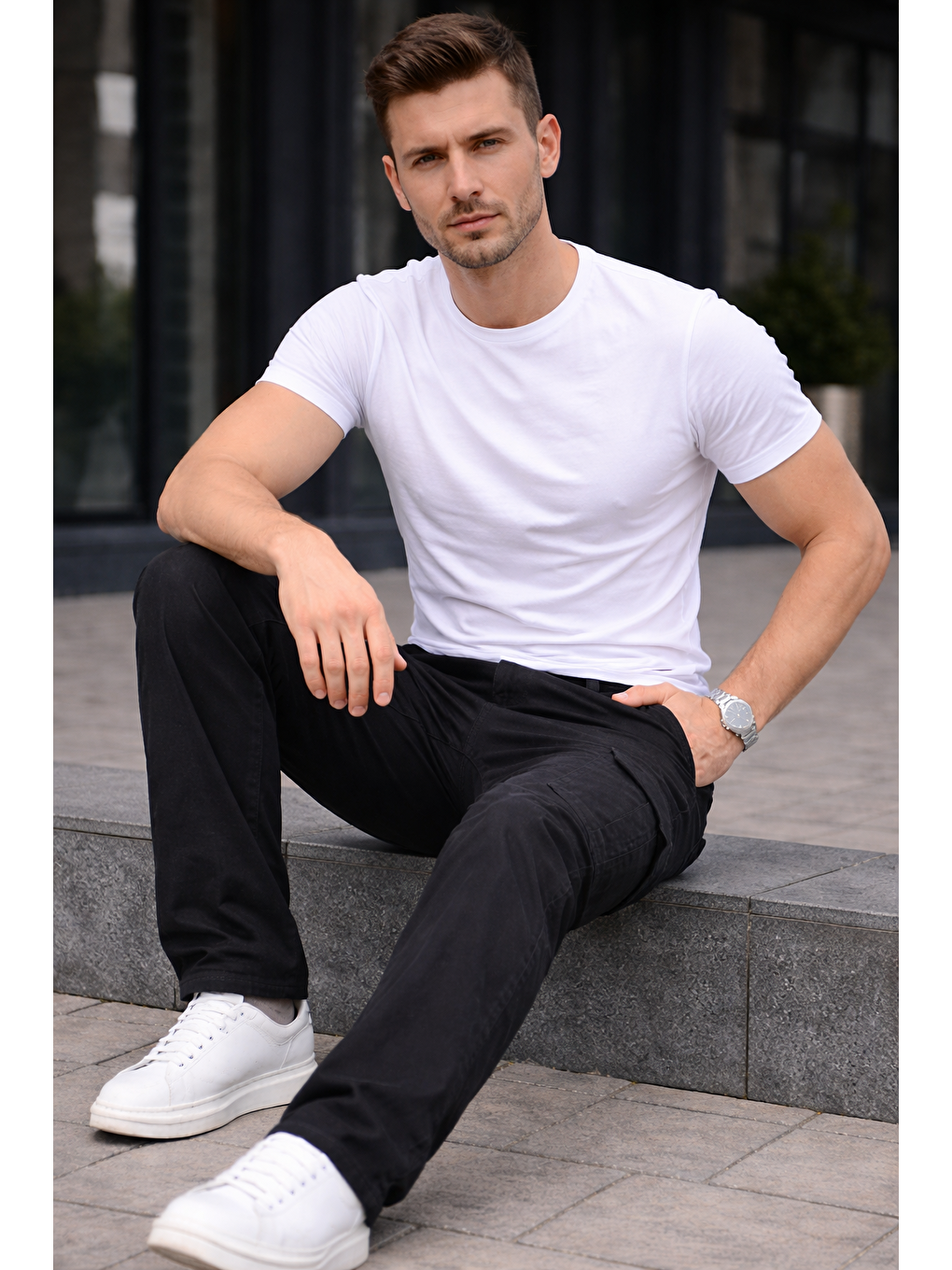 Erkek Trend Bol Paça Günlük Kargo Siyah Baggy Pantolon-4