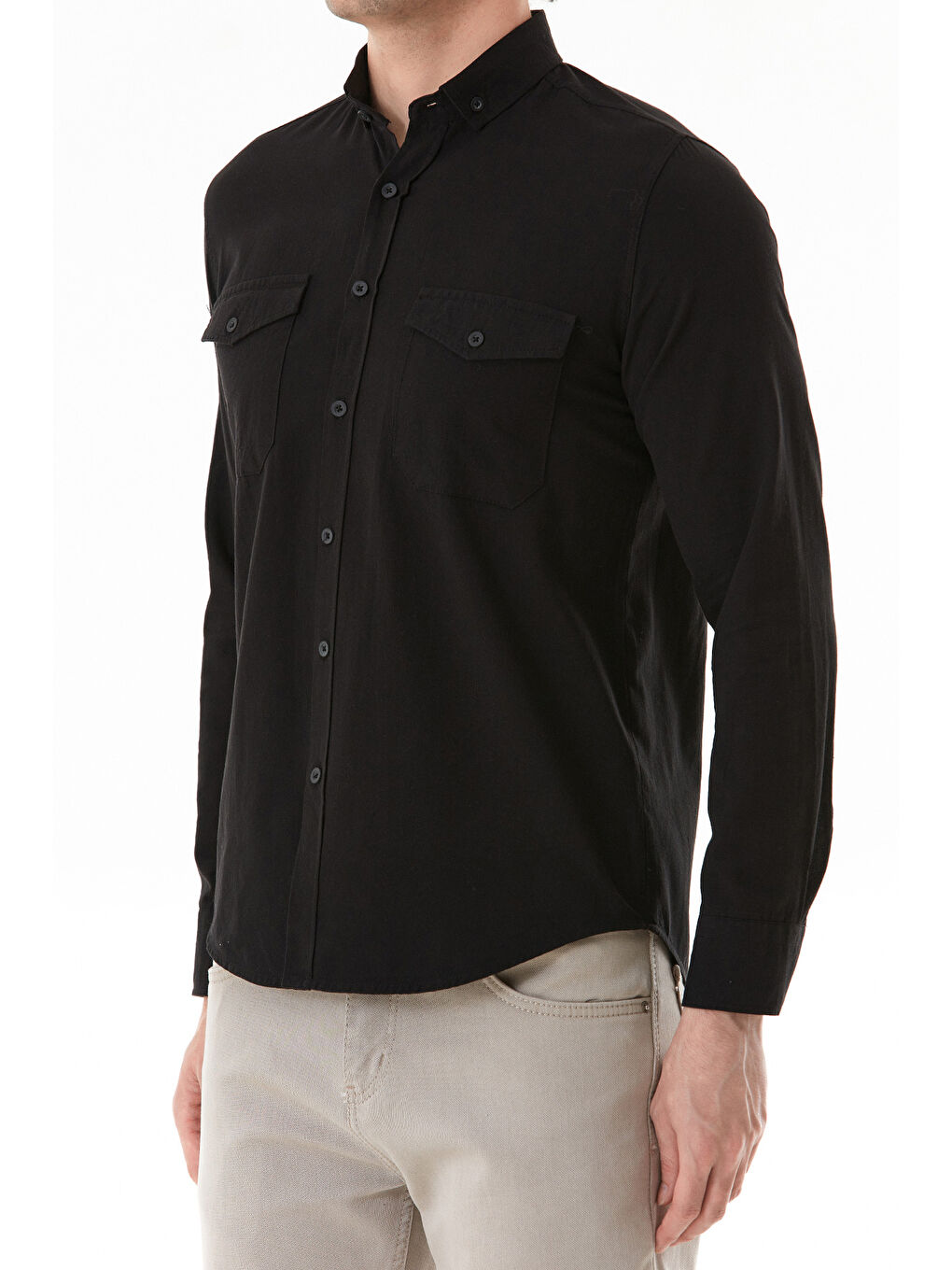 Siyah Basic Çift Cepli %100 Pamuk Gömlek-4