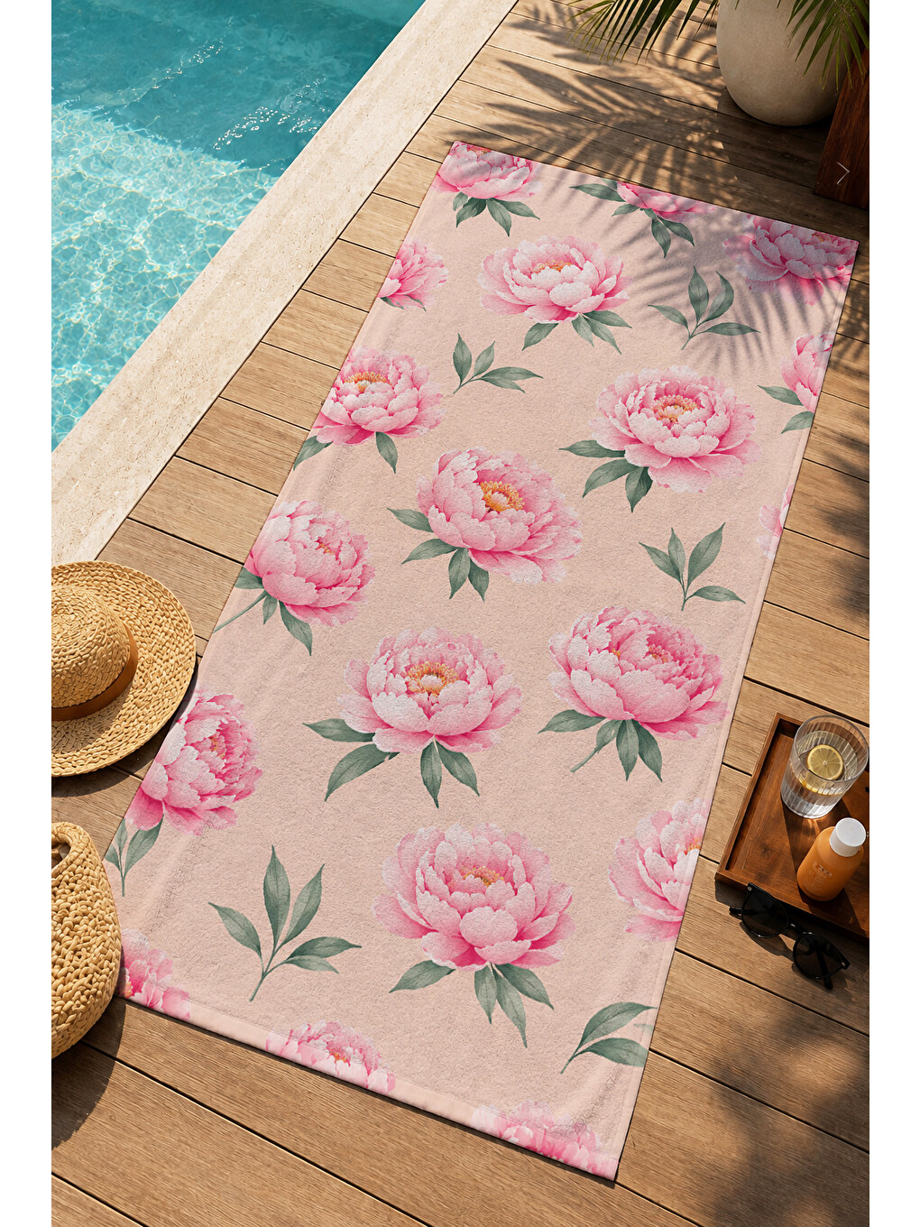 Romantik Pudra Pembe Şakayık Çiçekli Botanik Desenli 70x150 Plaj Havlusu - Pamuklu Banyo Havlusu-1