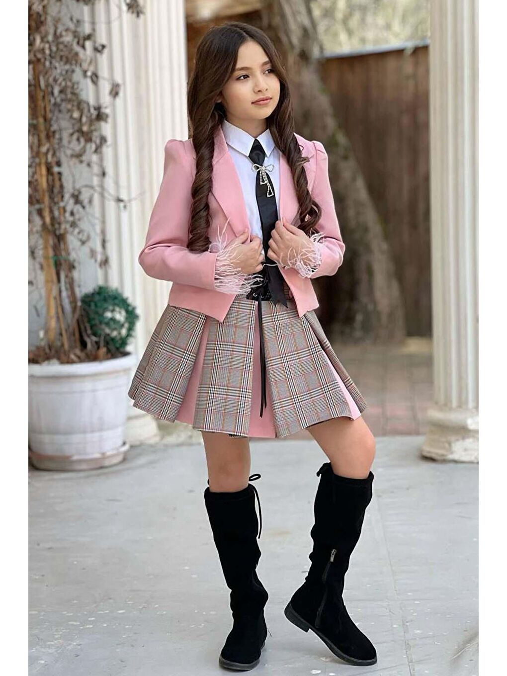 Kız Çocuk Blazer Ceket, Kravat Çizgili Pembe Etekli Takım-1