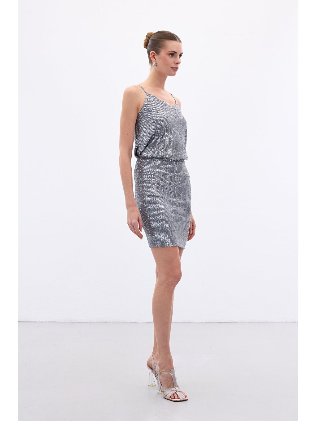 Payetli Mini Etek - Gri-3