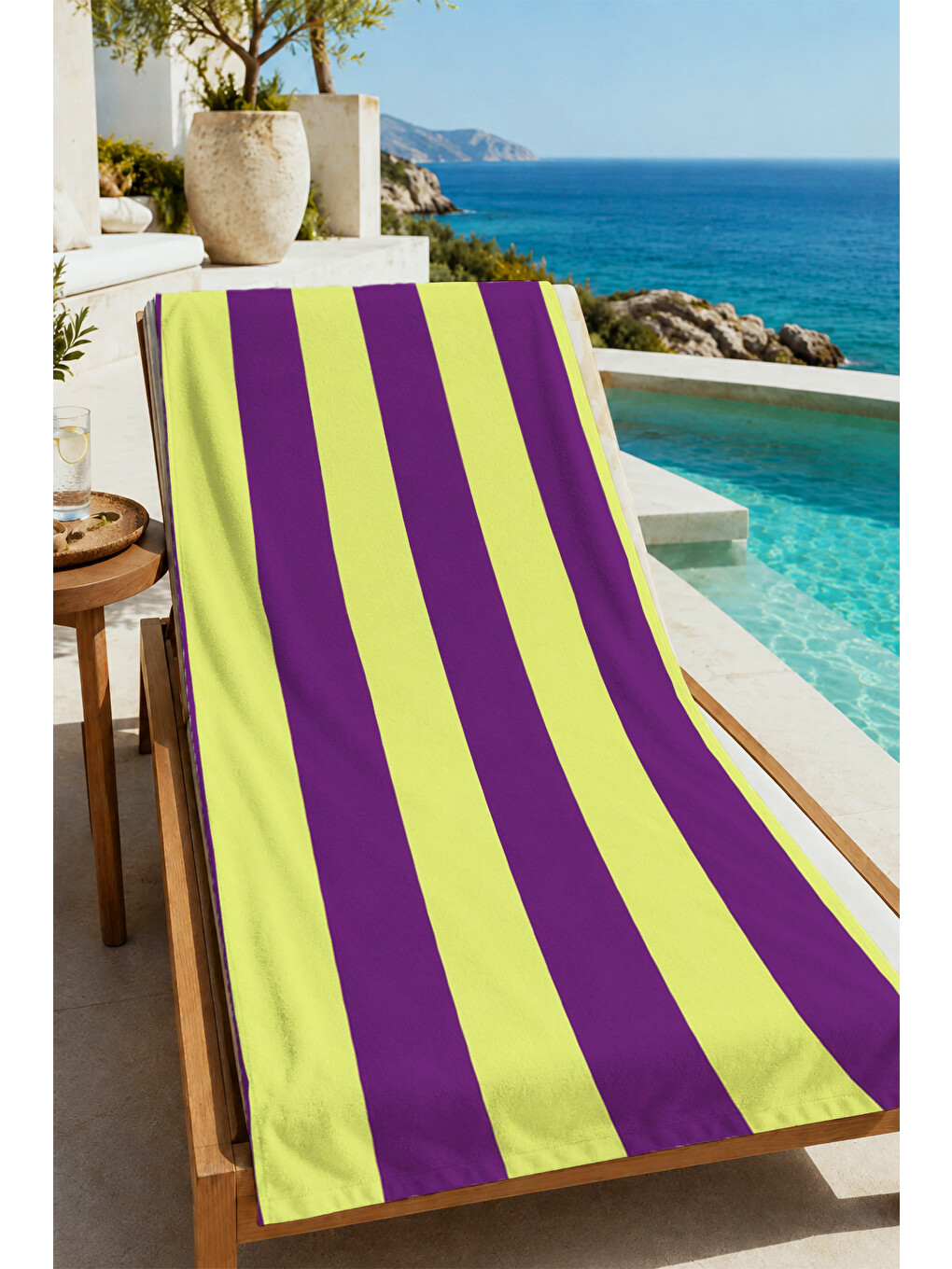 Pop Art Lime Yeşil Mor Dikey Çizgili Desenli 70x150 Plaj Havlusu - Dijital Baskılı Banyo Havlusu-1