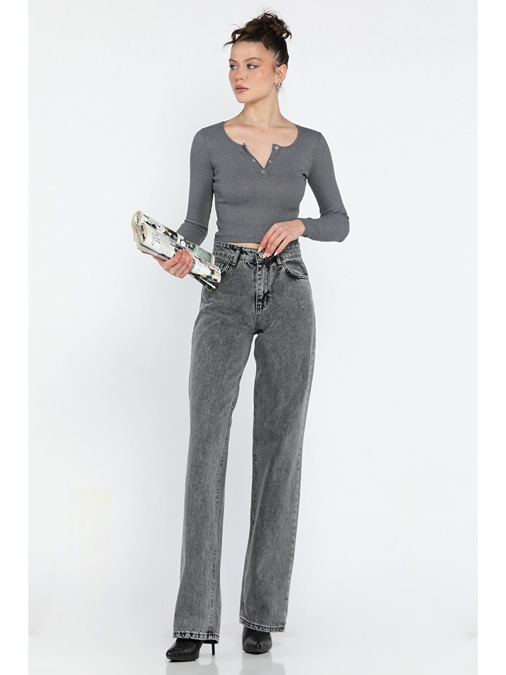 Gri Kadın Bol Paça Yüksek Bel Jean Pantolon-1