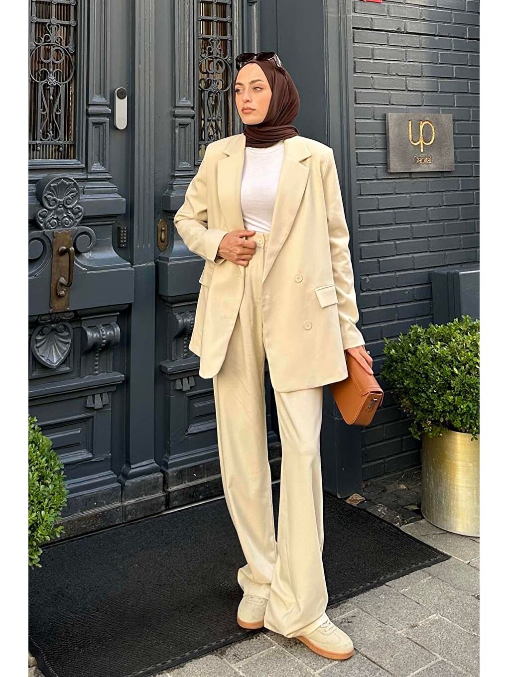 Ekru Çizgili Ceket Tesettür Takım Krem-2