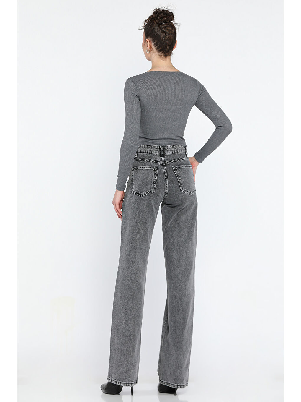 Gri Kadın Bol Paça Yüksek Bel Jean Pantolon-2