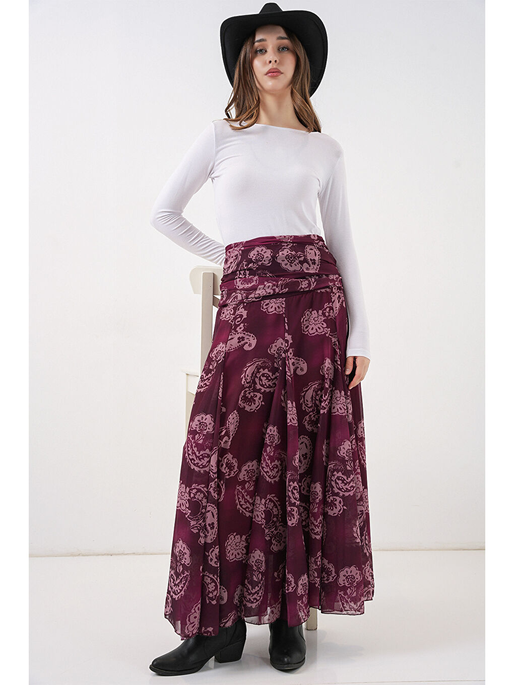 Kadın Desenli Şifon Etek 8057 - Bordo-4