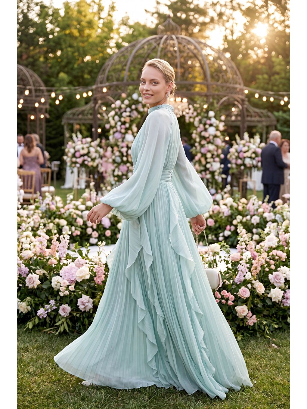 Kadın Mint Yeşili Hakim Yaka Volanlı Uzun Kol Davet Elbisesi-4