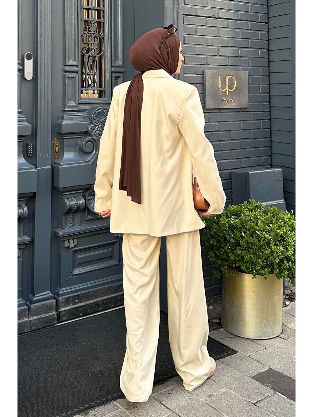 Ekru Çizgili Ceket Tesettür Takım Krem-3