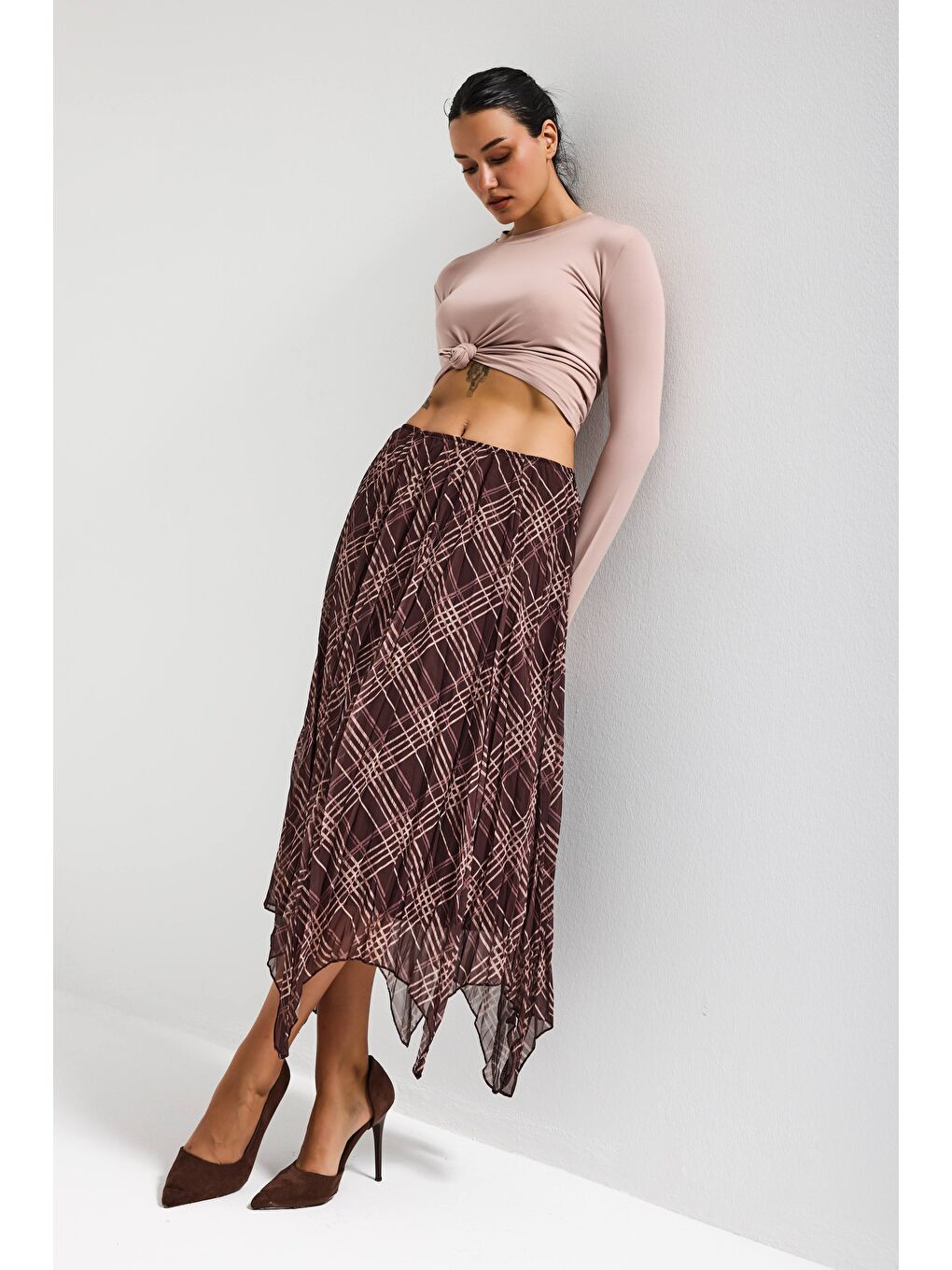 Kahverengi Kadın Kahve Ekose s6-6 Maxi Boy Saten Kumaş Etek-4