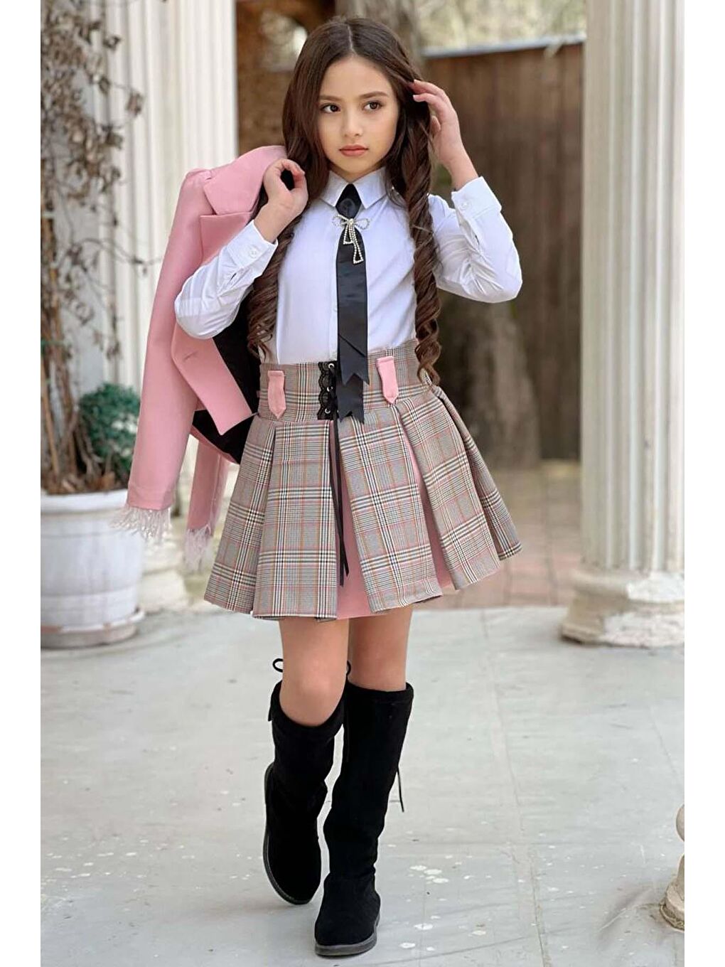 Kız Çocuk Blazer Ceket, Kravat Çizgili Pembe Etekli Takım-2