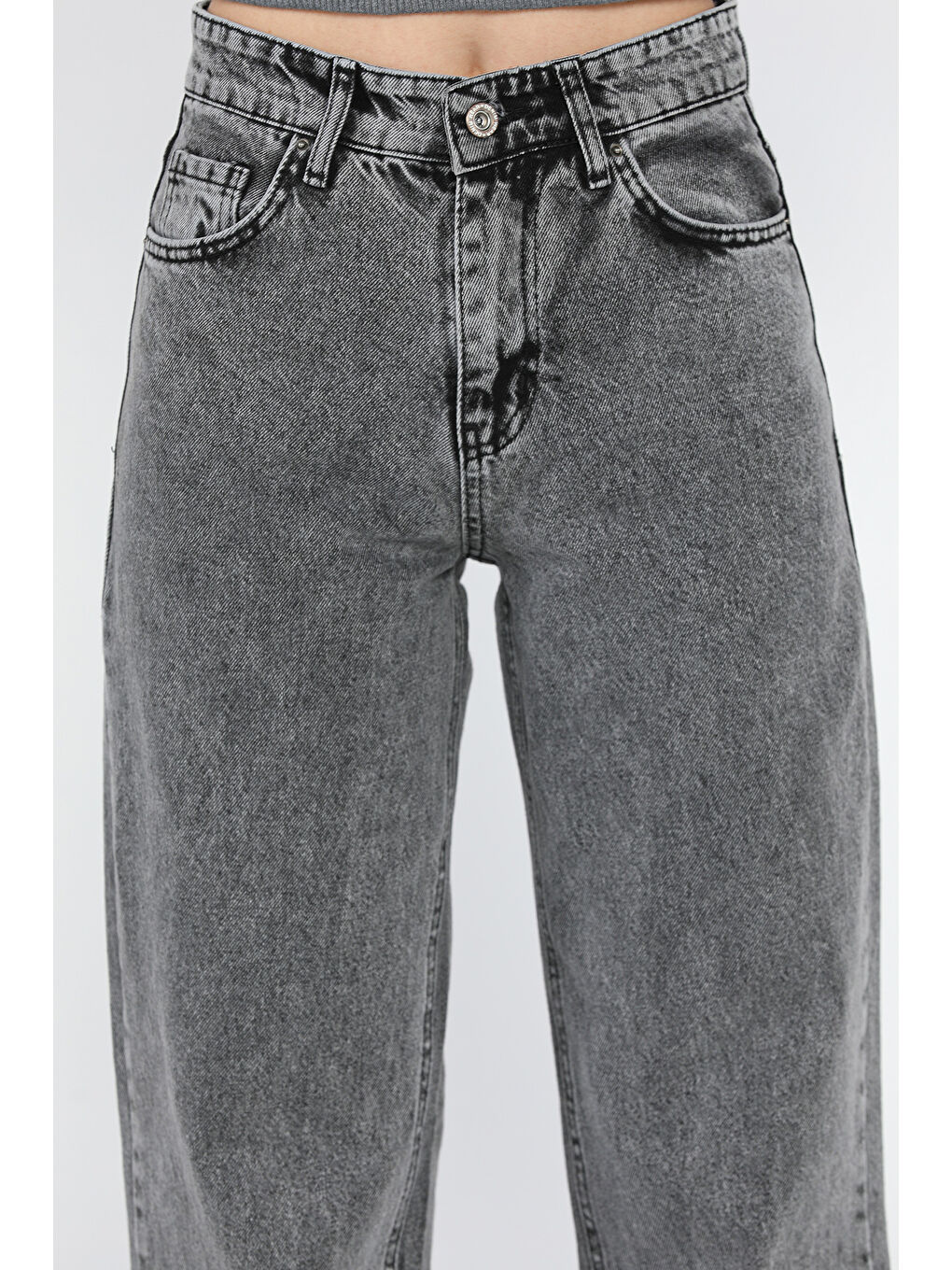 Gri Kadın Bol Paça Yüksek Bel Jean Pantolon-3