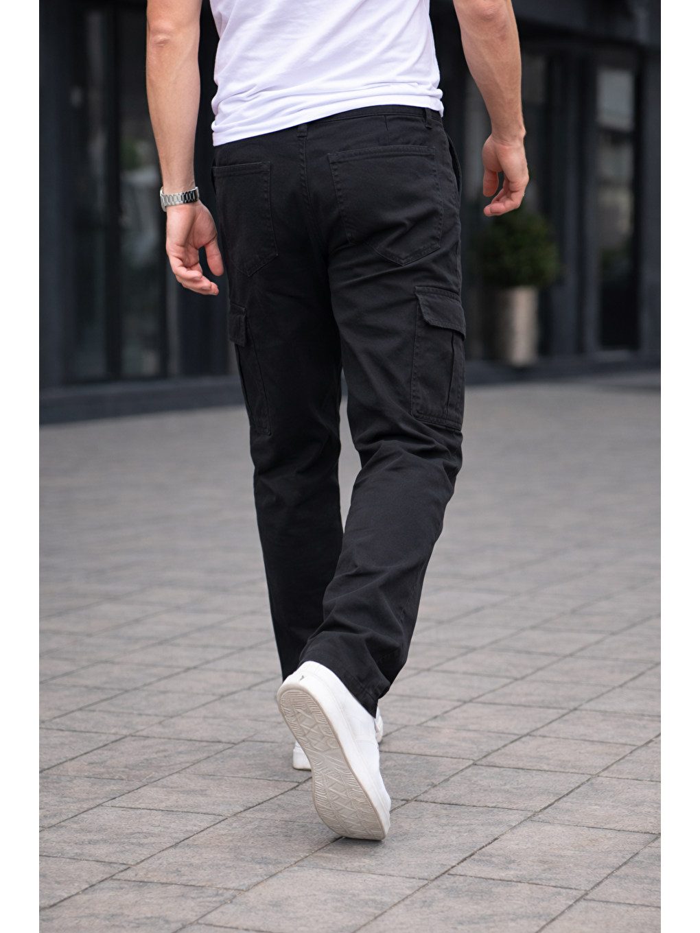 Erkek Trend Bol Paça Günlük Kargo Siyah Baggy Pantolon-5