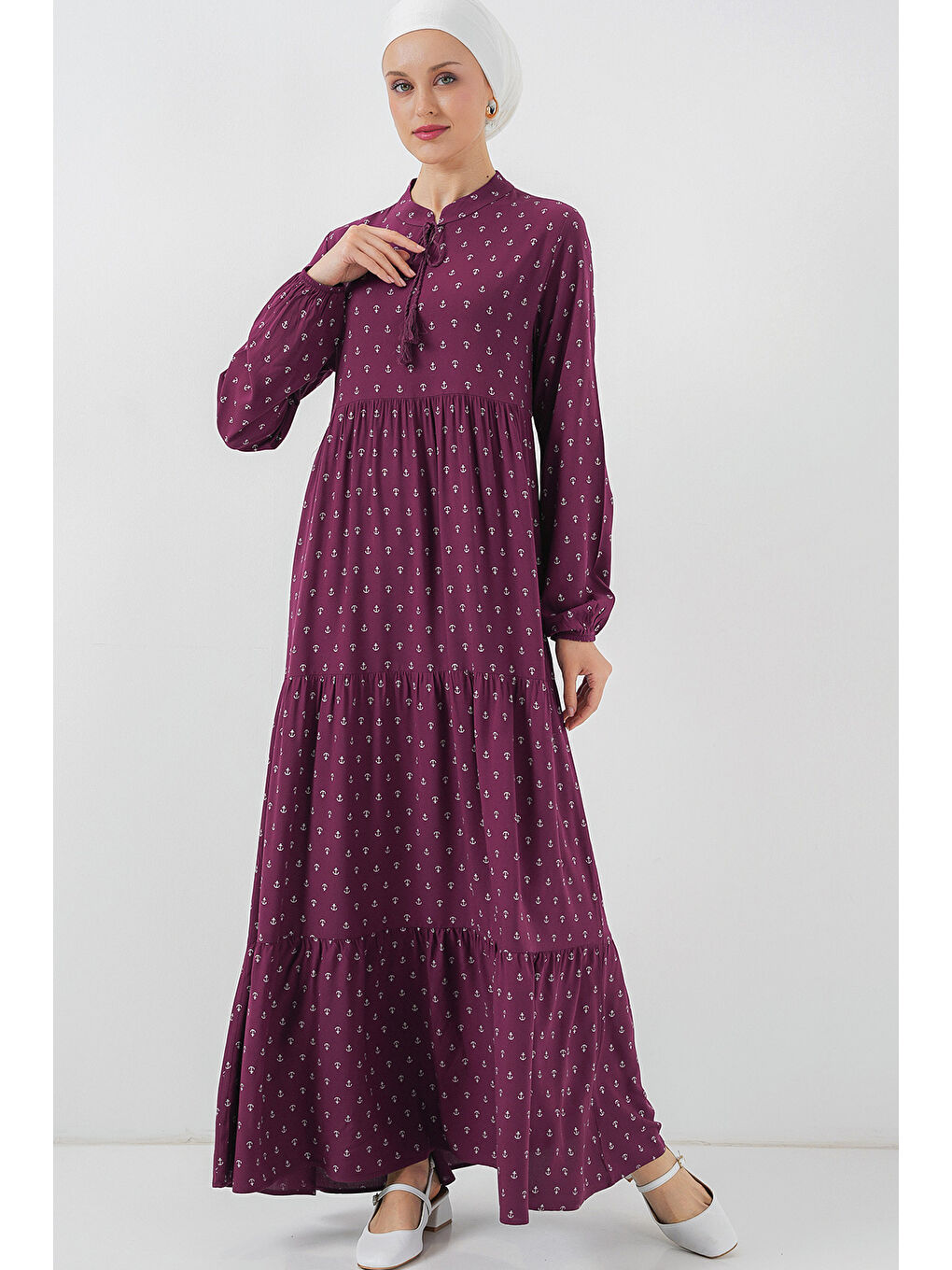 1627 Yaka Bağcıklı Tesettür Elbise - Çapa Mor-1