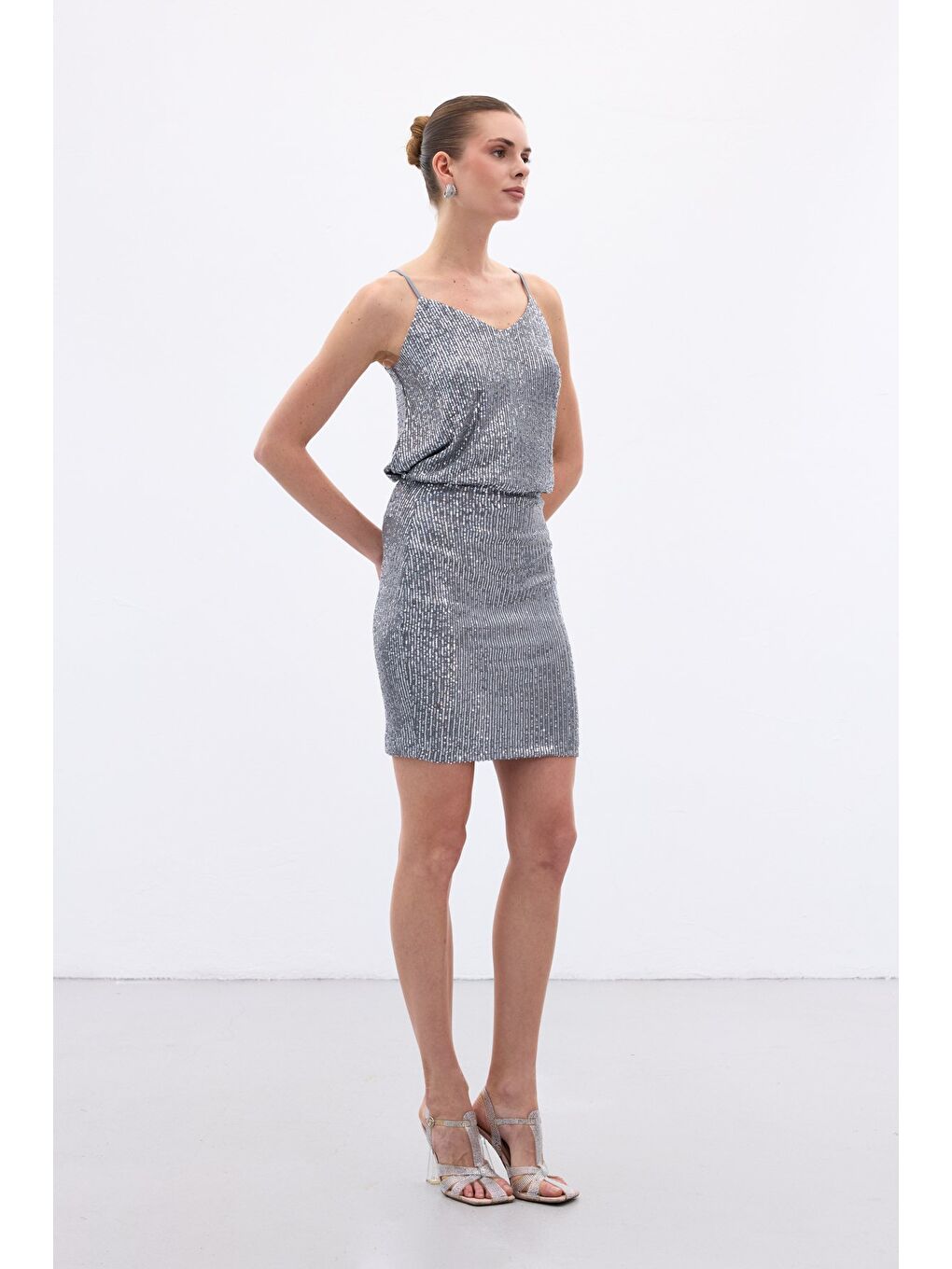 Payetli Mini Etek - Gri-4