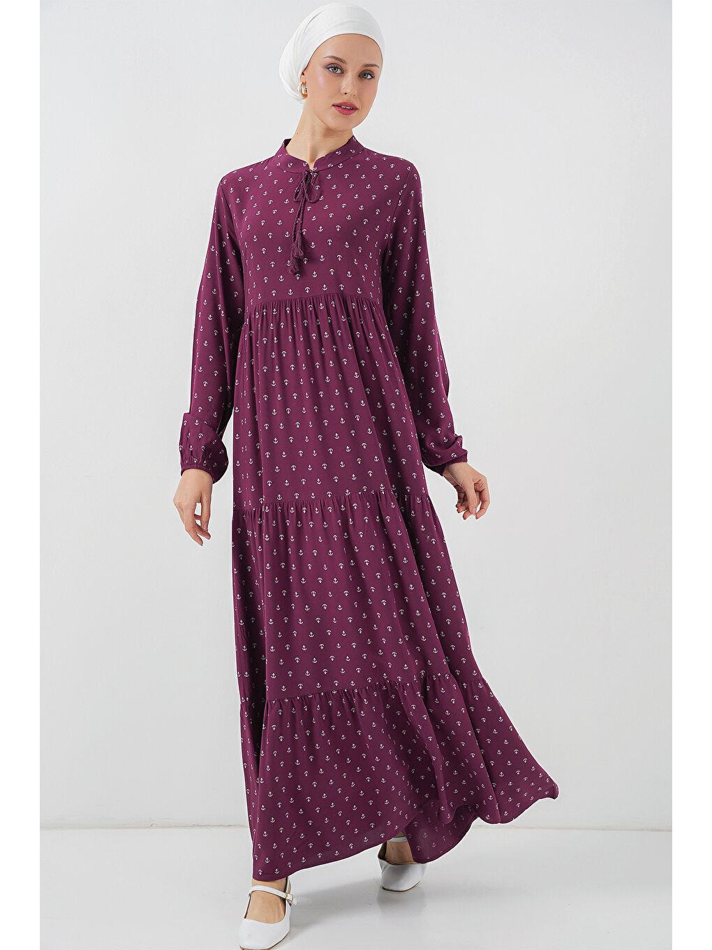 1627 Yaka Bağcıklı Tesettür Elbise - Çapa Mor-2