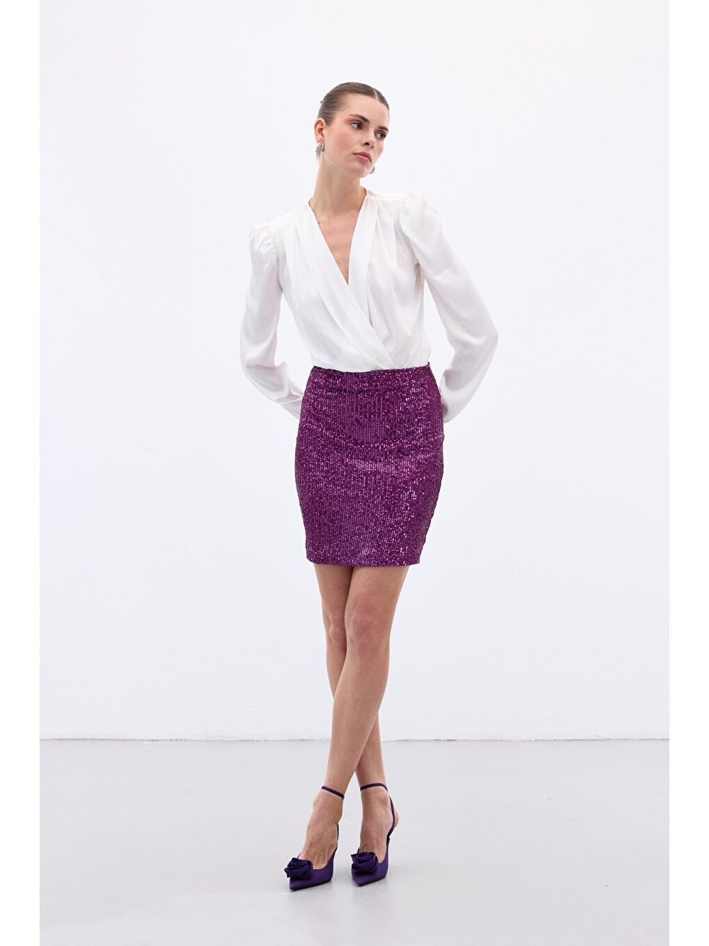 Payetli Mini Etek - Mürdüm-2