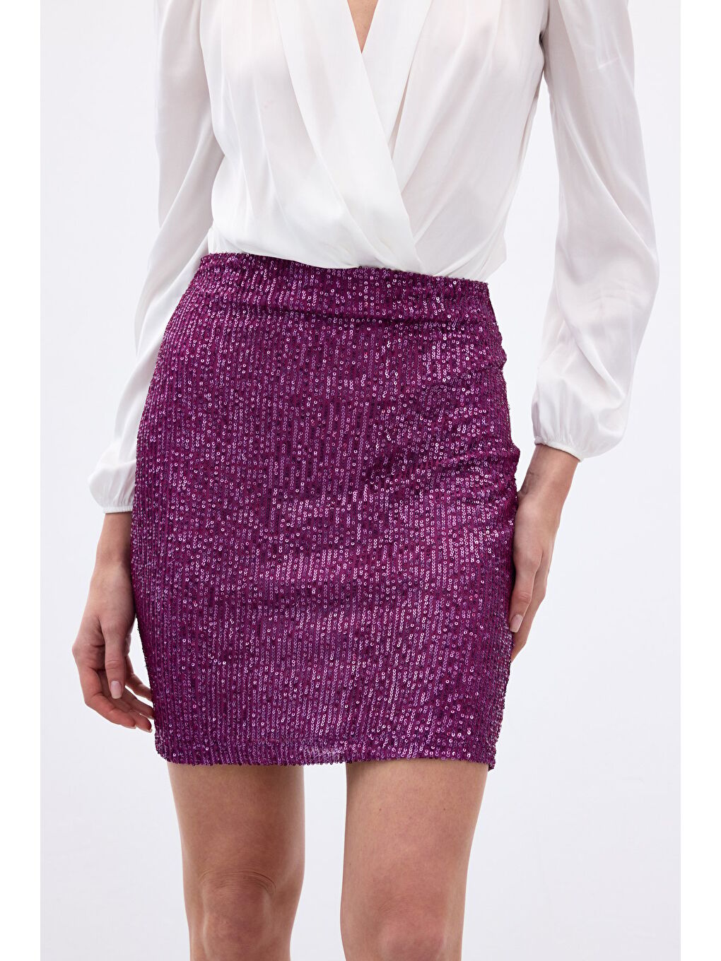 Payetli Mini Etek - Mürdüm-3