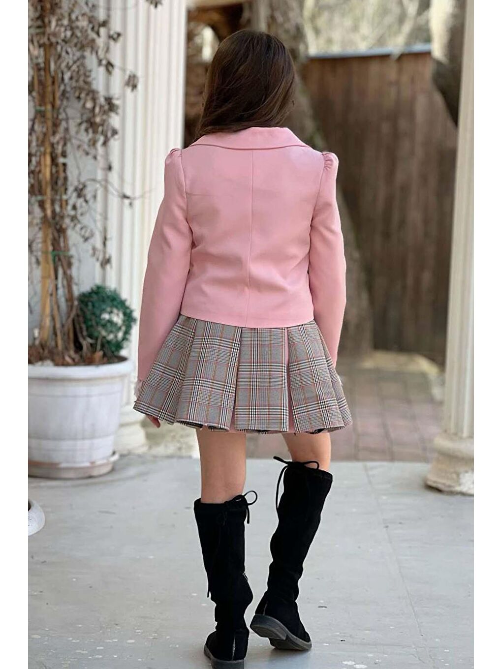 Kız Çocuk Blazer Ceket, Kravat Çizgili Pembe Etekli Takım-3