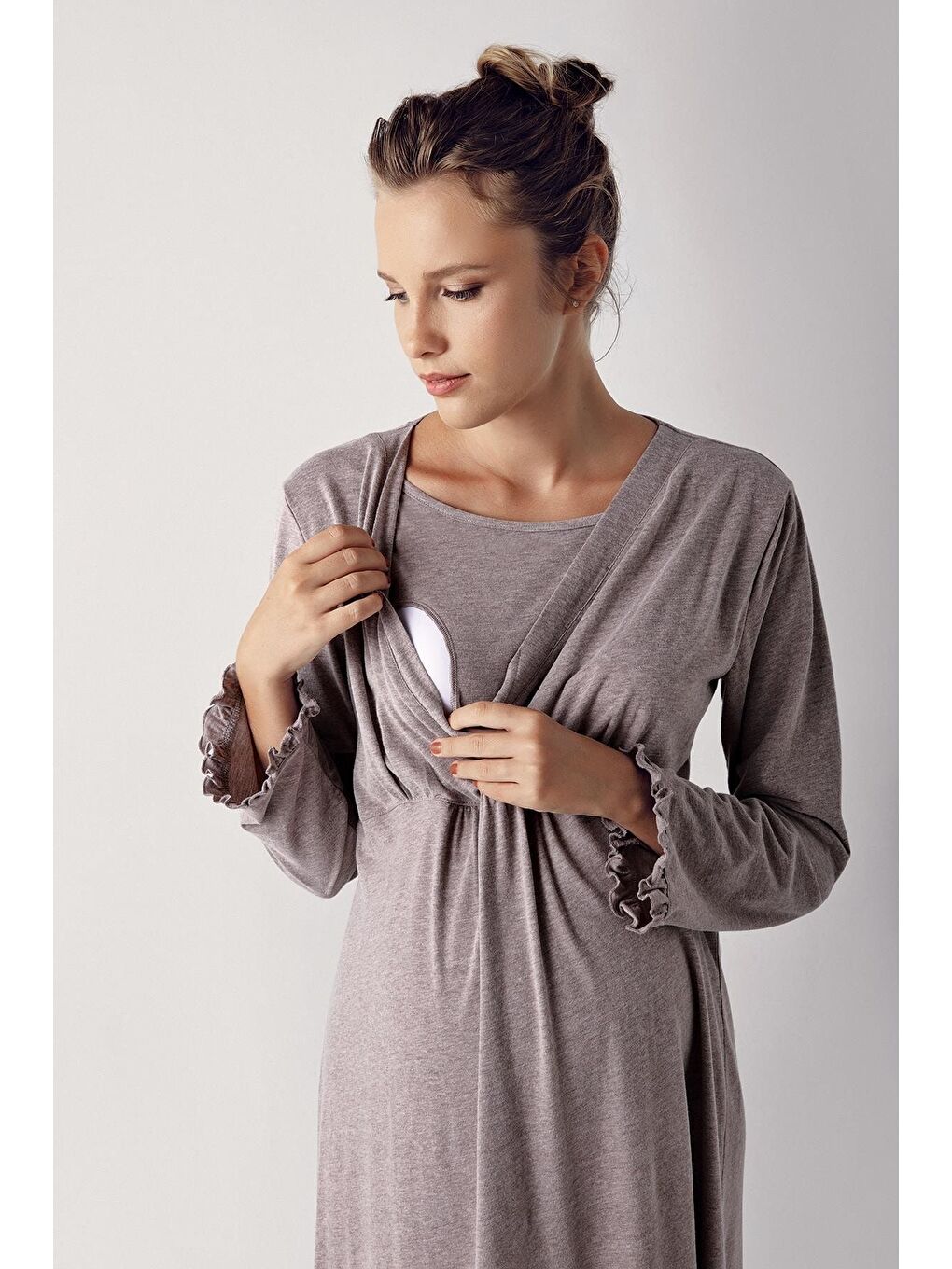 Kahverengi Kadın Uzun Kollu Esnek Pamuk Kumaş Hamile Gecelik 13112-1
