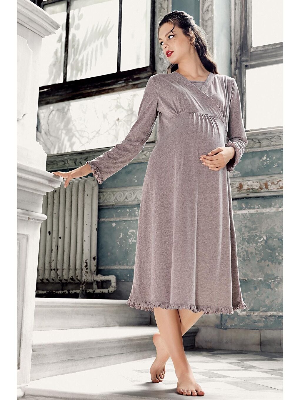 Kahverengi Kadın Uzun Kollu Esnek Pamuk Kumaş Hamile Gecelik 13112-2