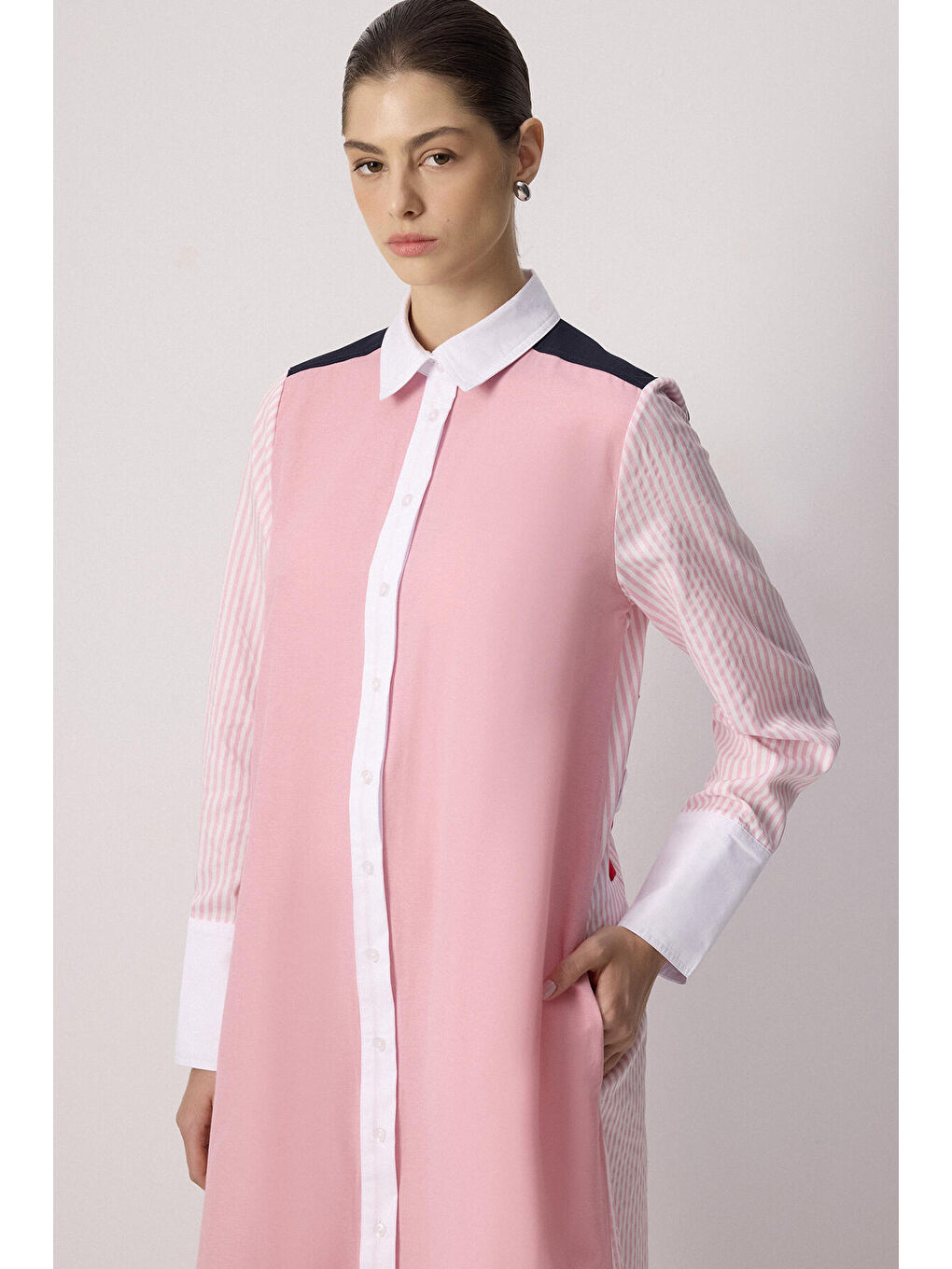 Pembe Blok Renkli Gömlek Elbise-1