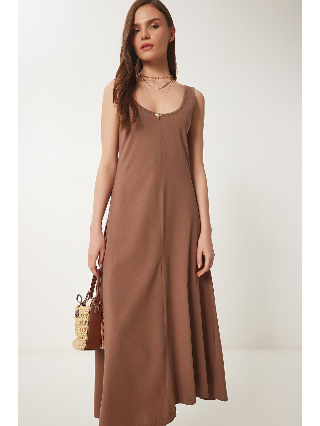 Kahverengi Kolsuz Basic Yazlık Örme Elbise KAHVERENGİ LCR0057-2