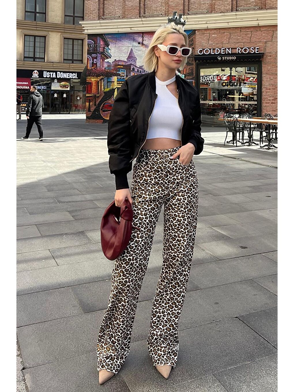 Kahverengi Leopar Palazzo Kadın Jean Pantolon Mg2063-4