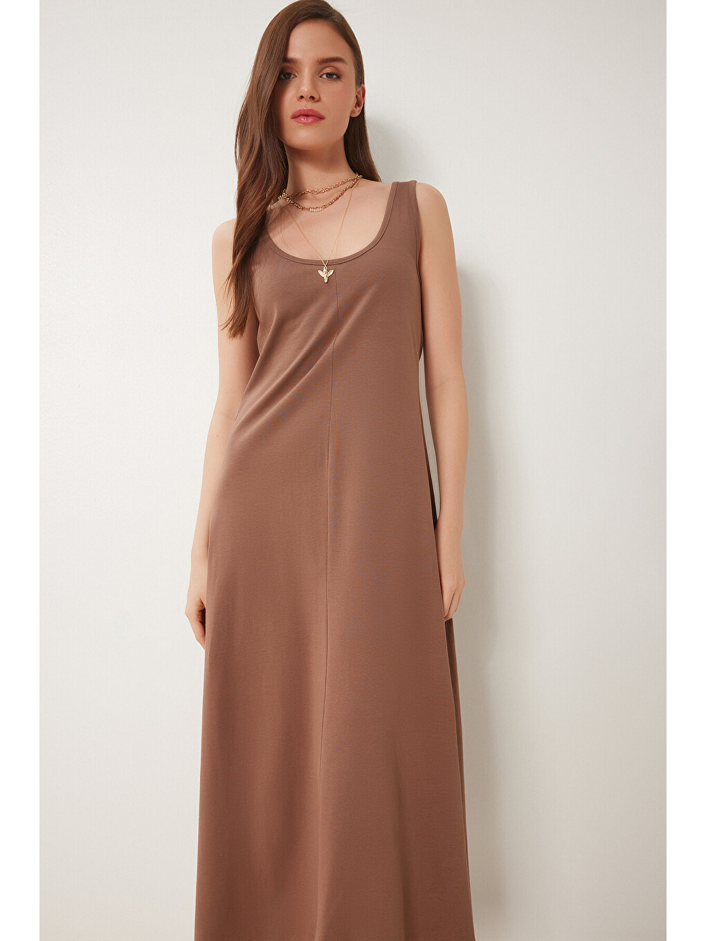 Kahverengi Kolsuz Basic Yazlık Örme Elbise KAHVERENGİ LCR0057-3