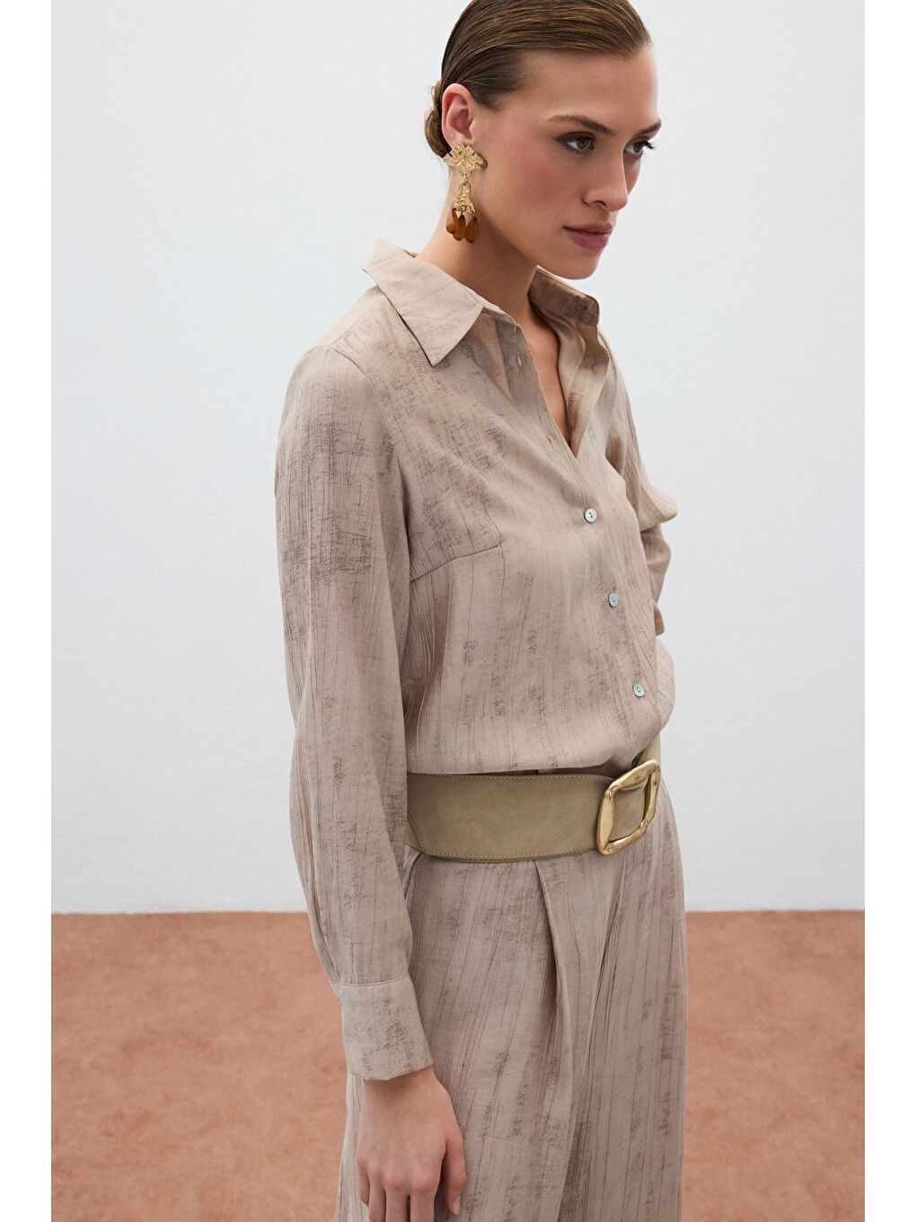 Desenli Salaş Gömlek - Bej