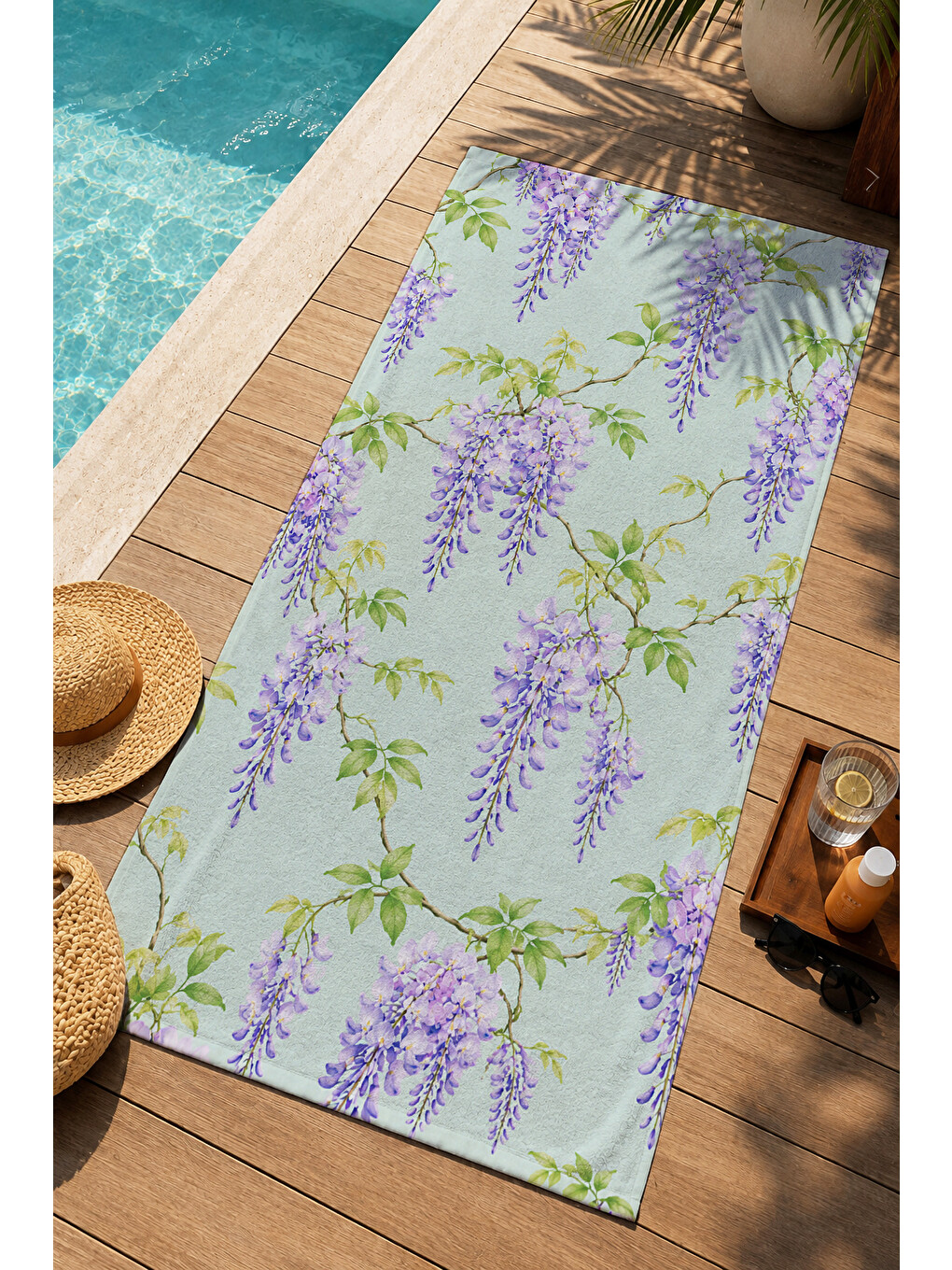 Pastel Mor Salkım Çiçeği Botanik Desenli 70x150 Plaj Havlusu - Dijital Baskılı Banyo Havlusu