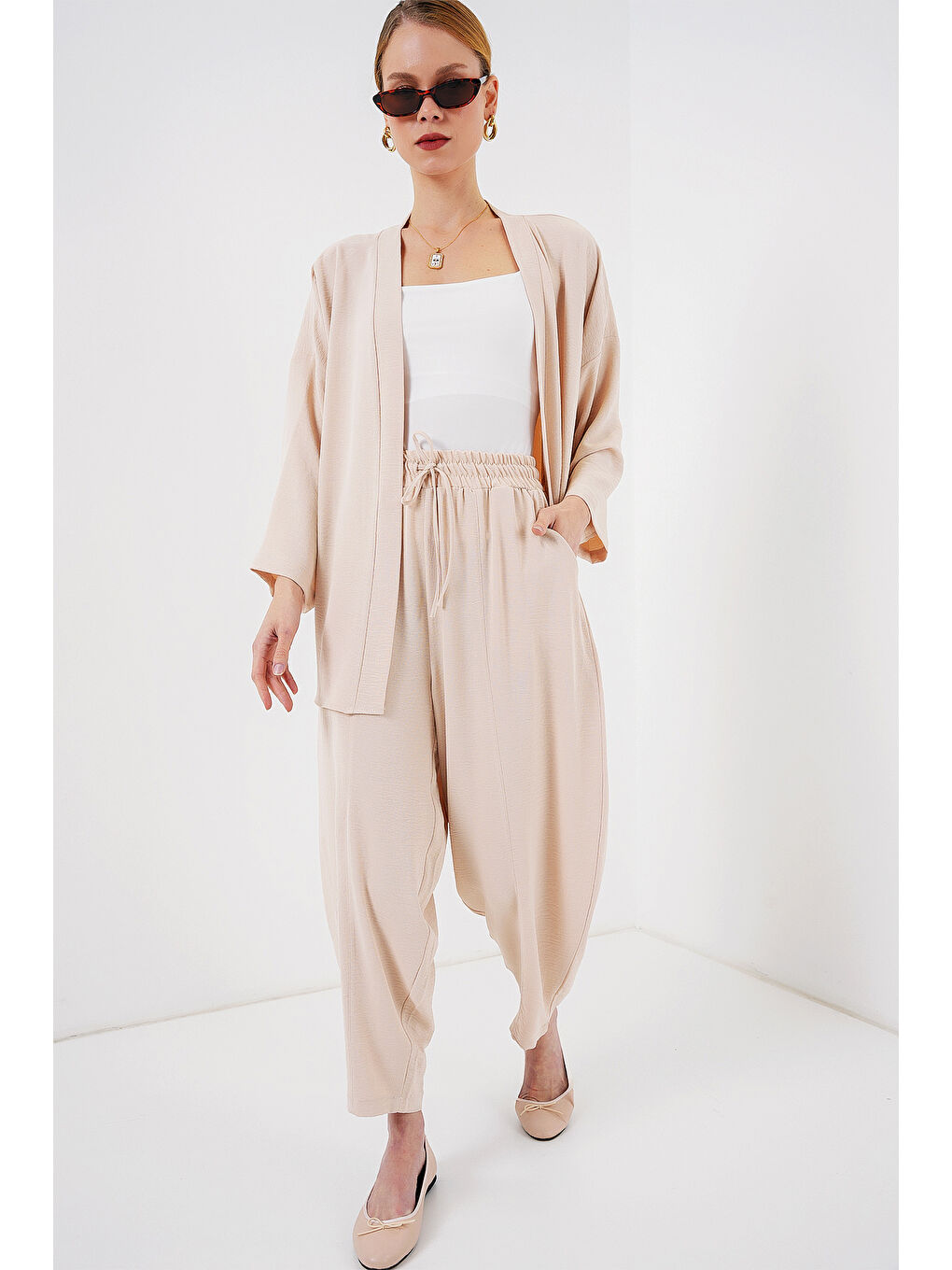 Ekru Kadın Kimono İkili Takım 6693 - Krem