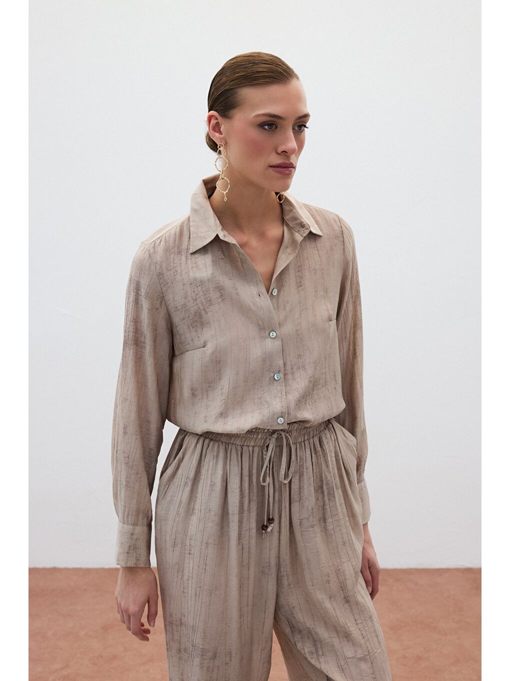 Desenli Salaş Gömlek - Bej-1