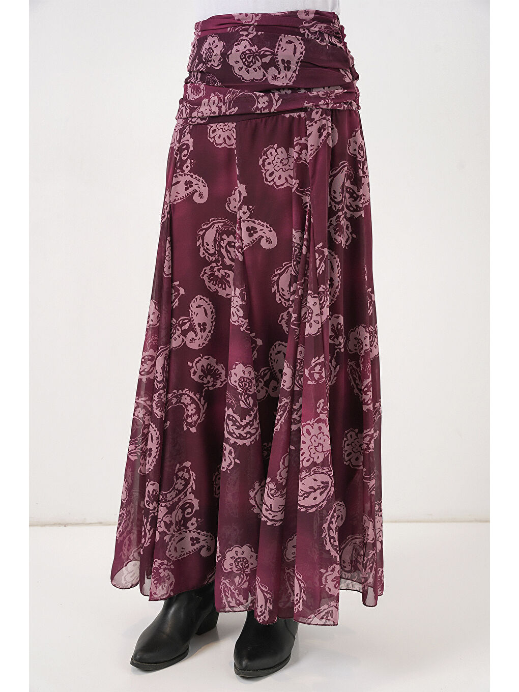 Kadın Desenli Şifon Etek 8057 - Bordo-5