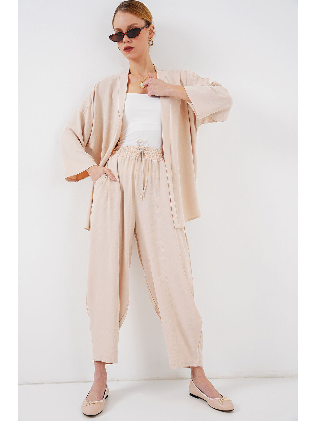 Ekru Kadın Kimono İkili Takım 6693 - Krem-1