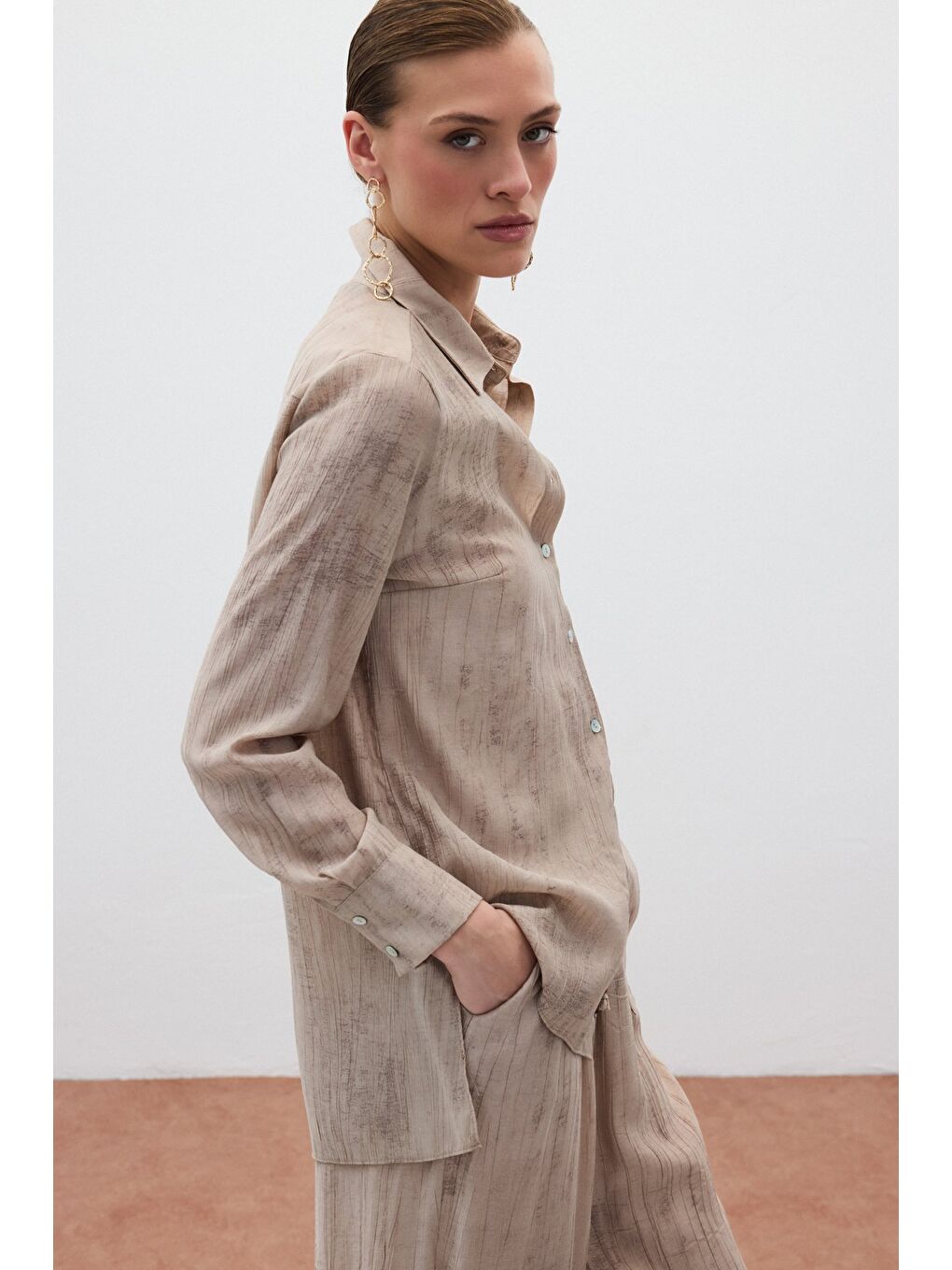 Desenli Salaş Gömlek - Bej-2