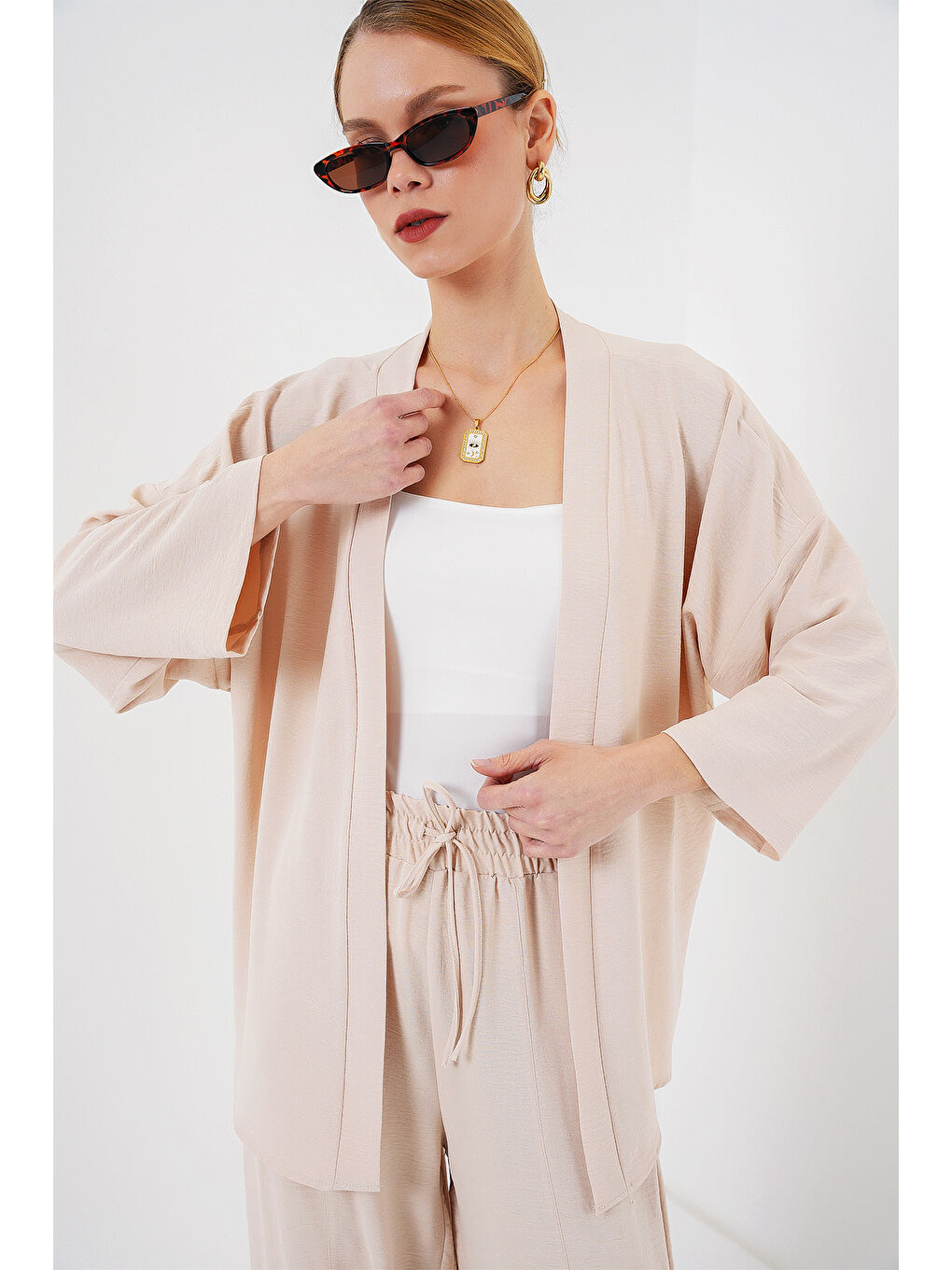 Ekru Kadın Kimono İkili Takım 6693 - Krem-2