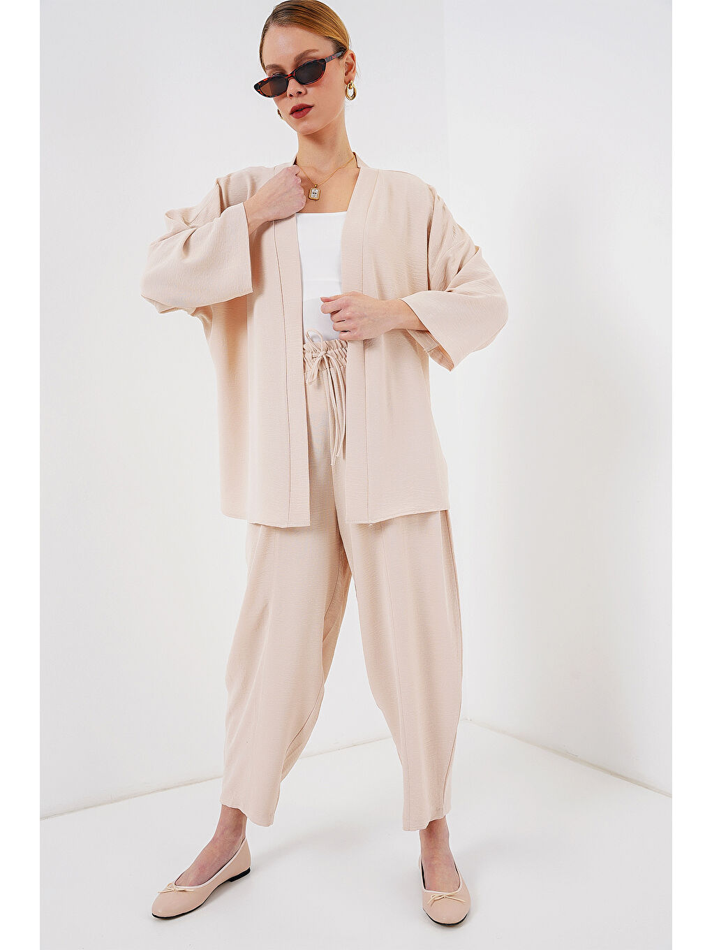 Ekru Kadın Kimono İkili Takım 6693 - Krem-3