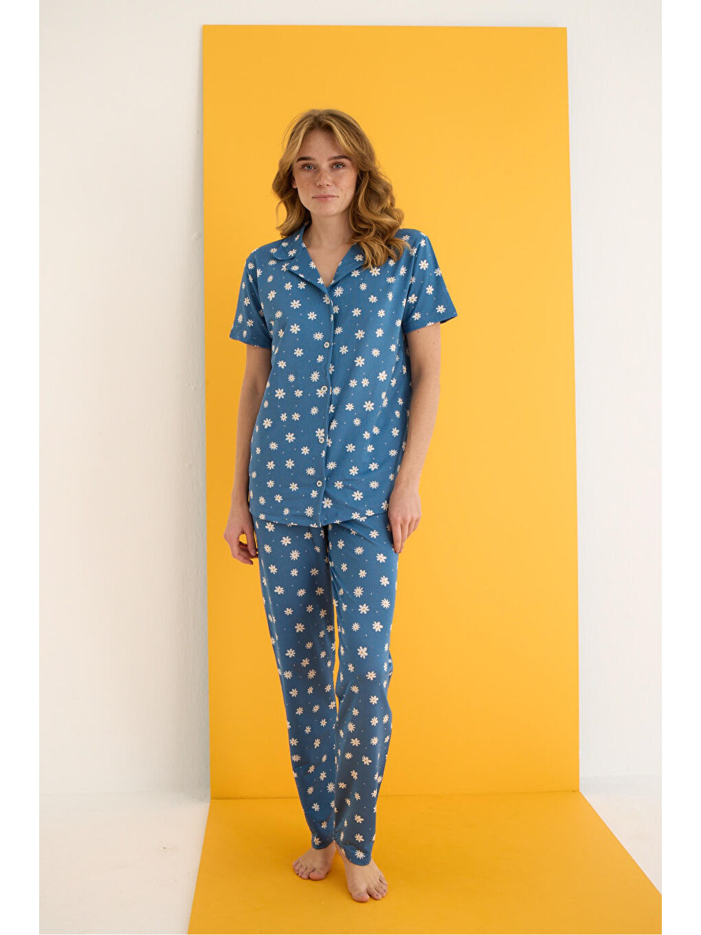 Mavi Helen Düğmeli Pijama Takımı 7001-13