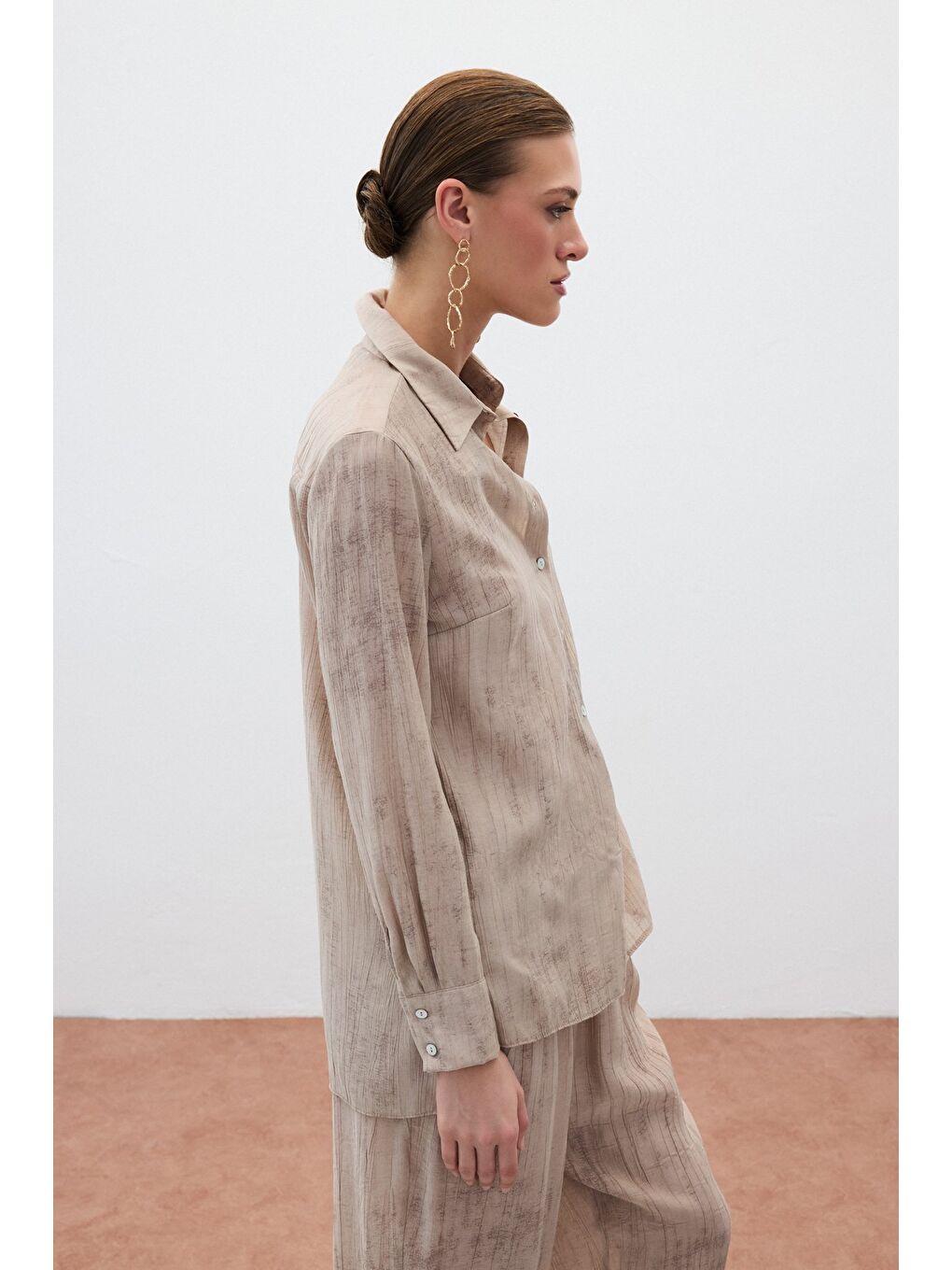 Desenli Salaş Gömlek - Bej-3