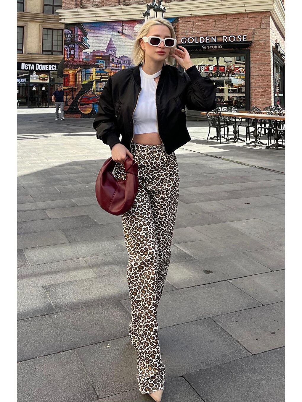 Kahverengi Leopar Palazzo Kadın Jean Pantolon Mg2063-5