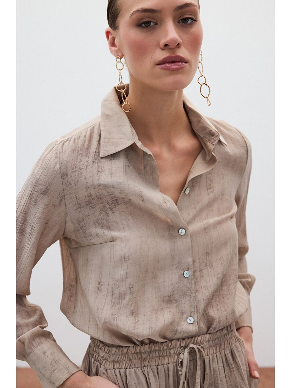 Desenli Salaş Gömlek - Bej-4