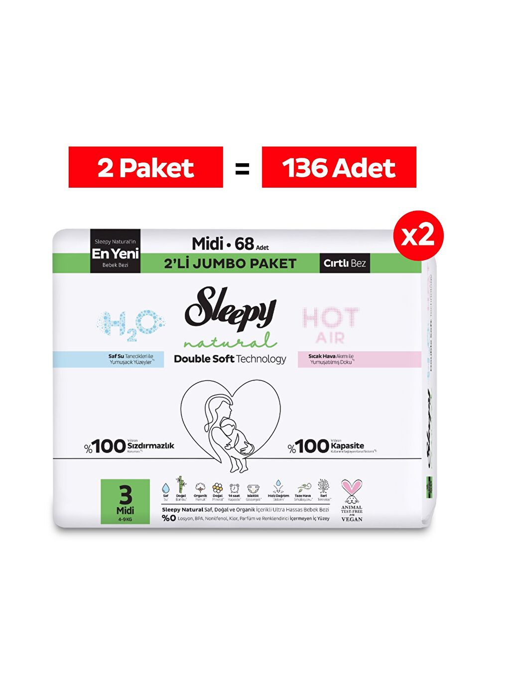 Natural Double Soft Avantajlı Mega Paket Bebek Bezi 3 Numara Midi 136 Adet-1