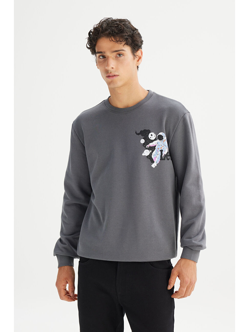 Regular Fit Bisiklet Yaka Baskılı Antrasit Sweatshirt